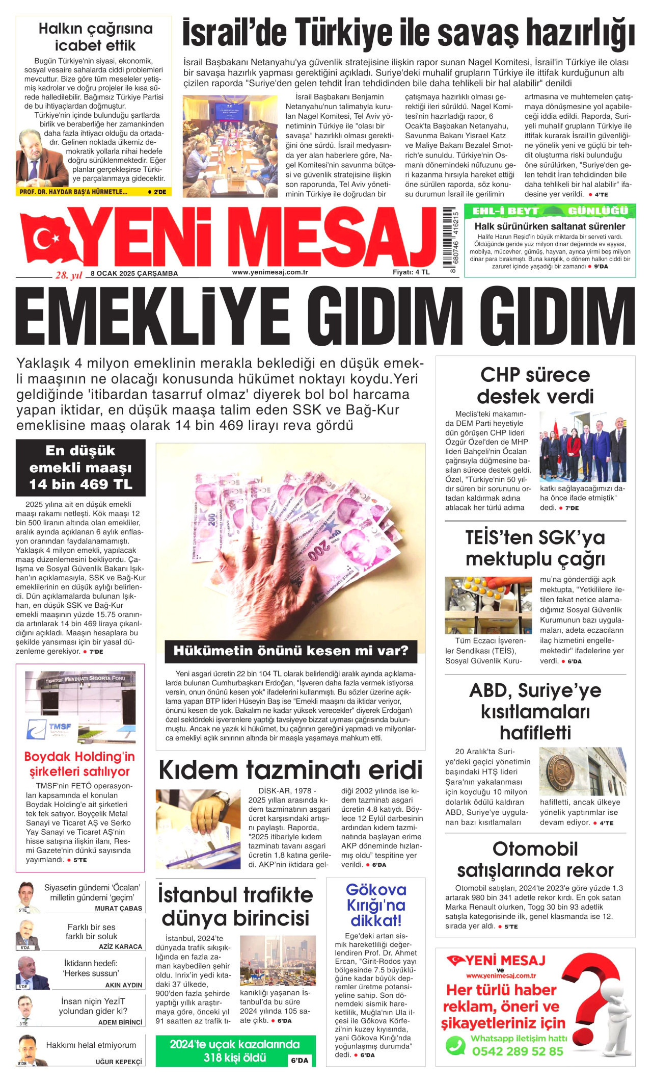 YENİ MESAJ gazetesinin 8 Ocak 2025 tarihli birinci sayfası
