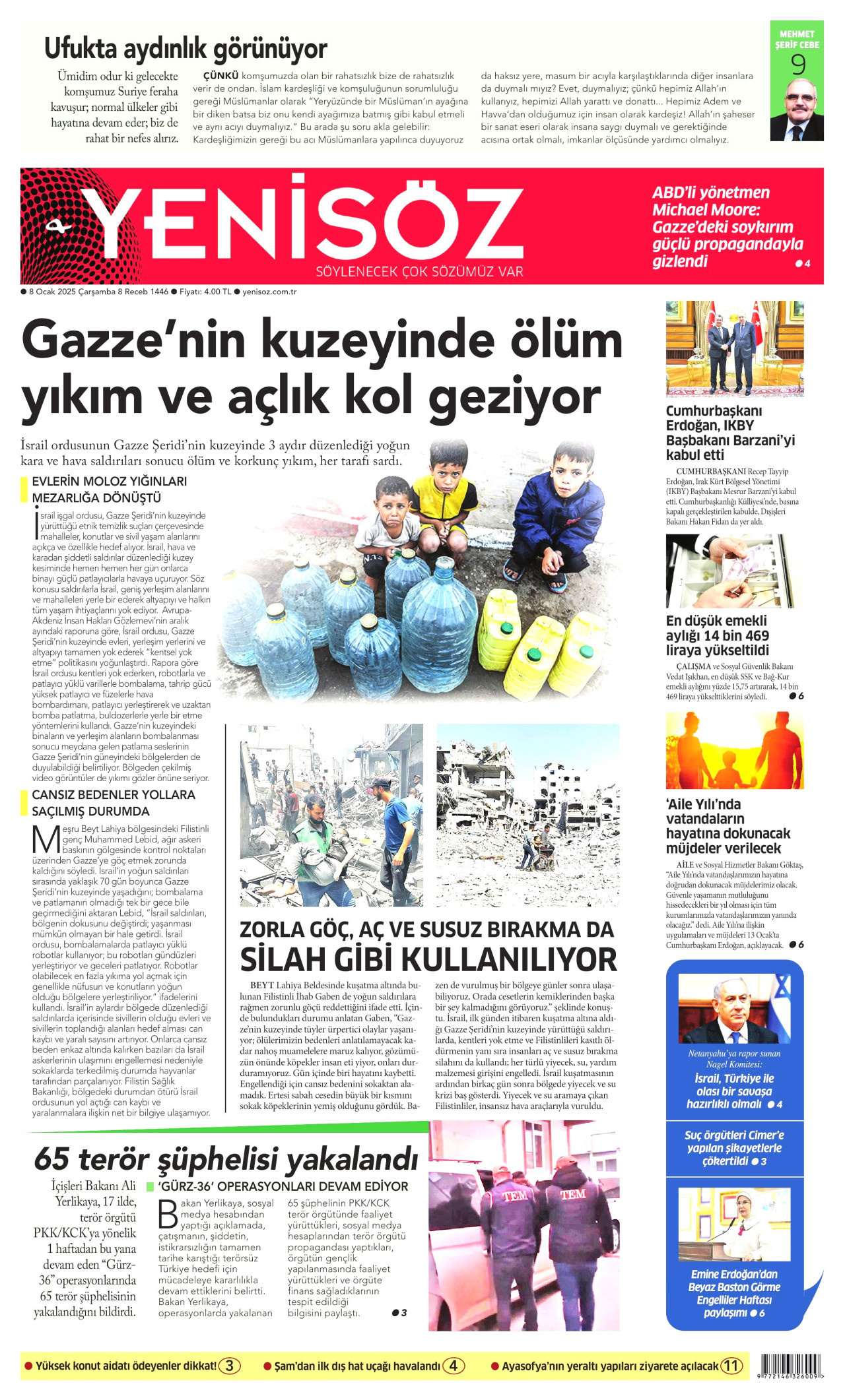 YENİ SÖZ GAZETESİ gazetesinin 8 Ocak 2025 tarihli birinci sayfası