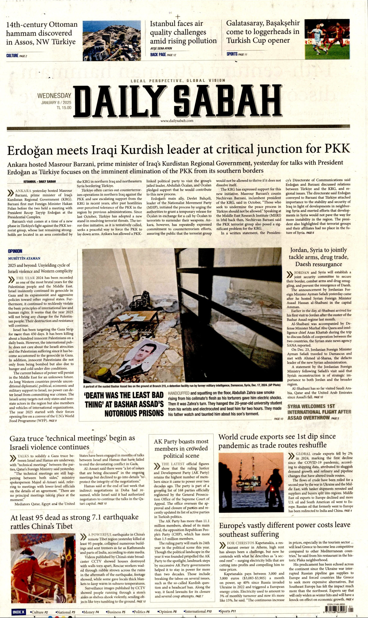 DAİLY SABAH gazetesinin 8 Ocak 2025 tarihli birinci sayfası