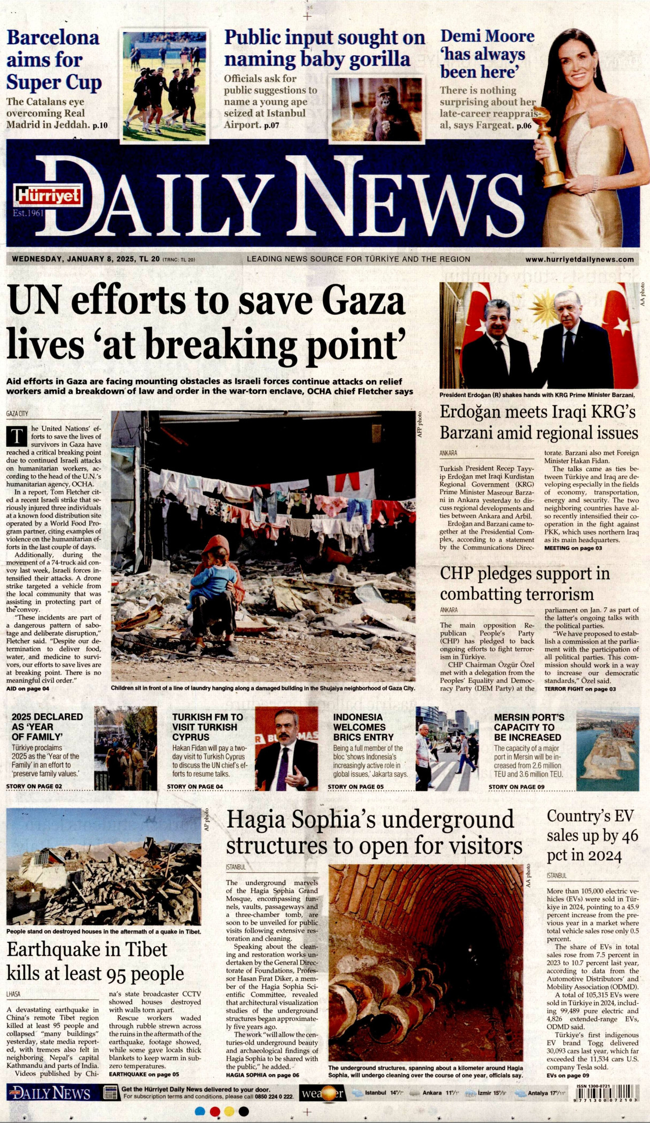 HÜRRİYET DAİLY NEWS gazetesinin 8 Ocak 2025 tarihli birinci sayfası