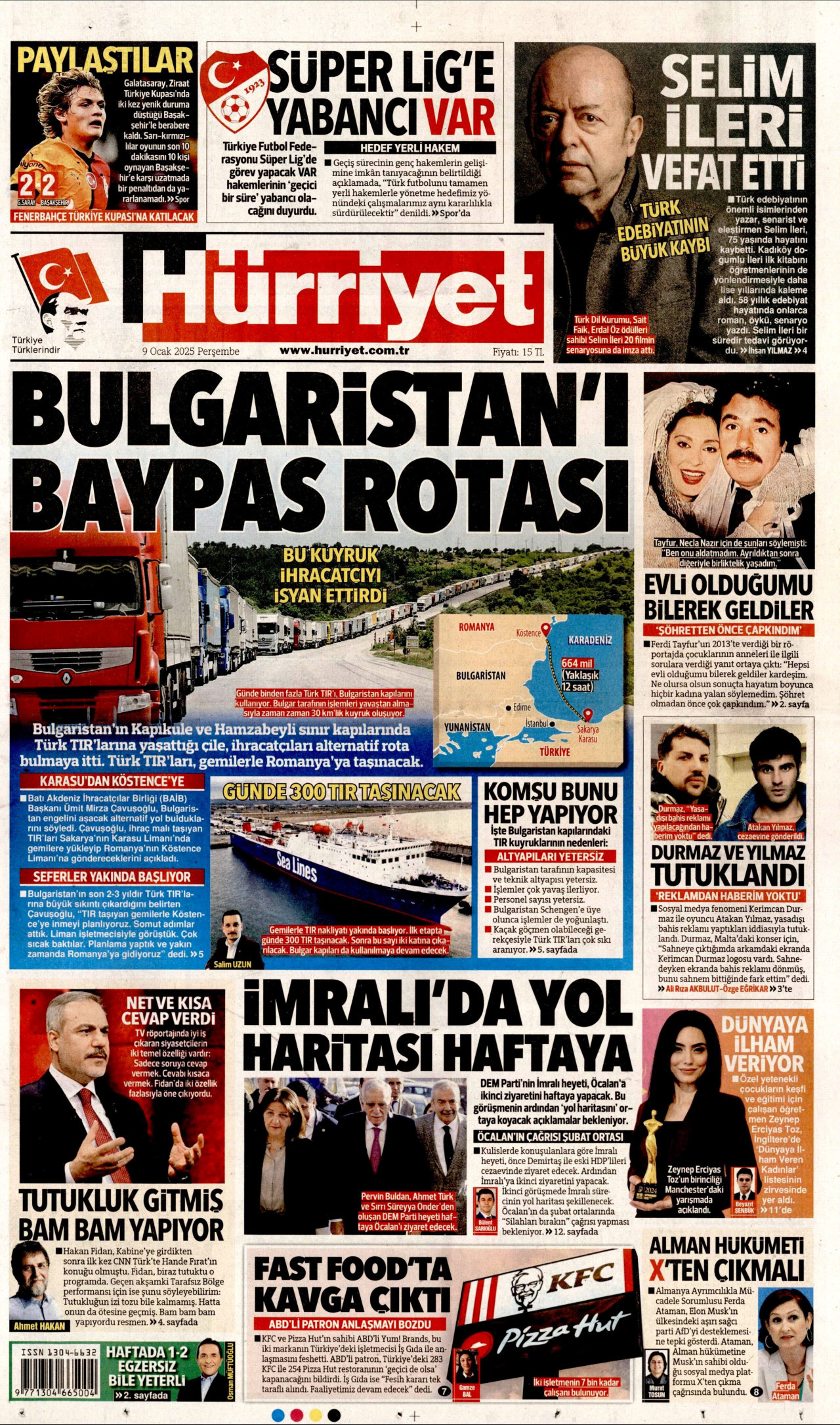 HÜRRİYET gazetesinin 9 Ocak 2025 tarihli birinci sayfası