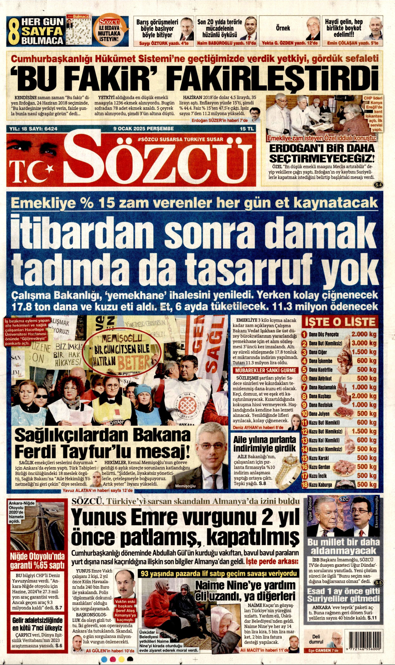 SÖZCÜ gazetesinin 9 Ocak 2025 tarihli birinci sayfası