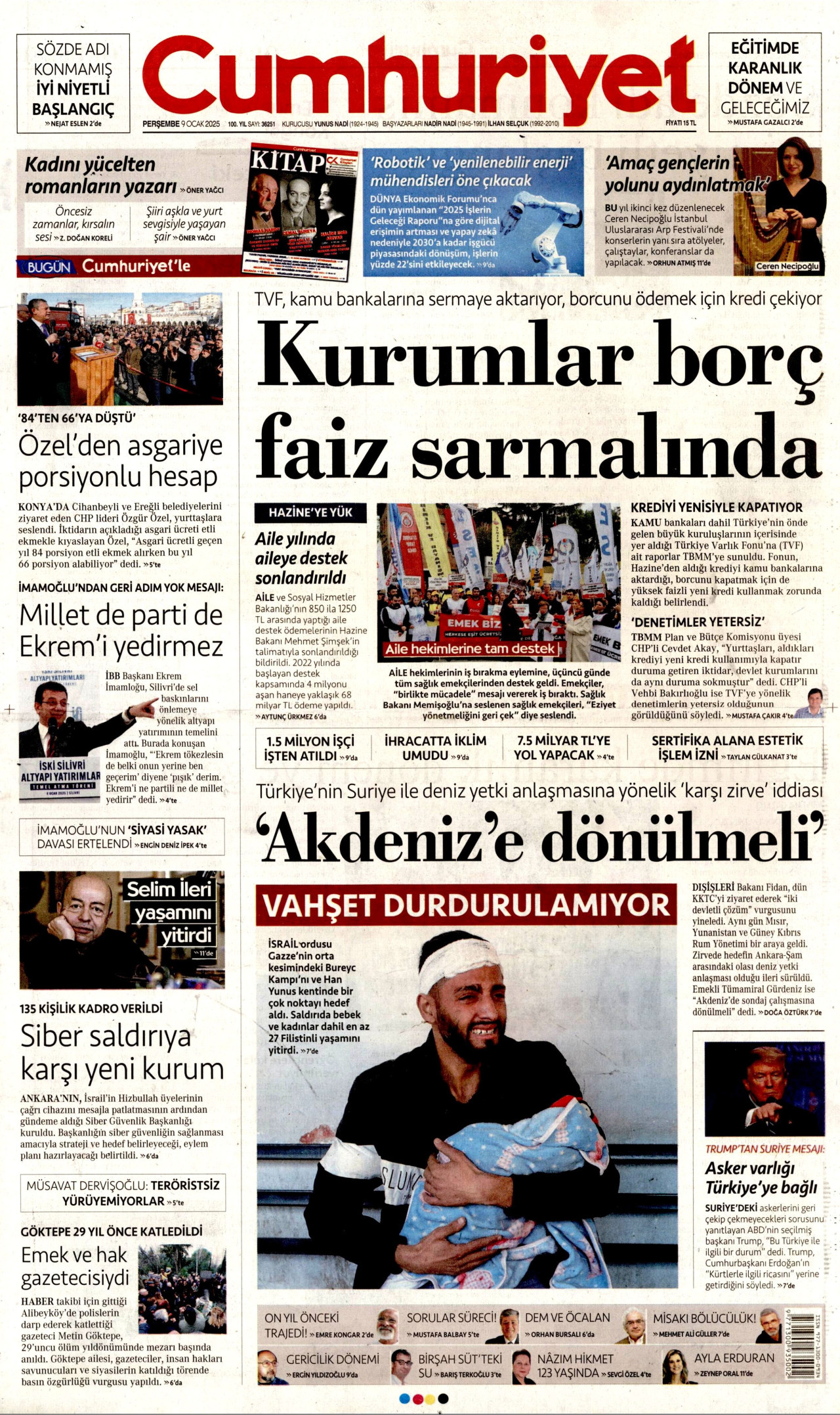 CUMHURİYET gazetesinin 9 Ocak 2025 tarihli birinci sayfası