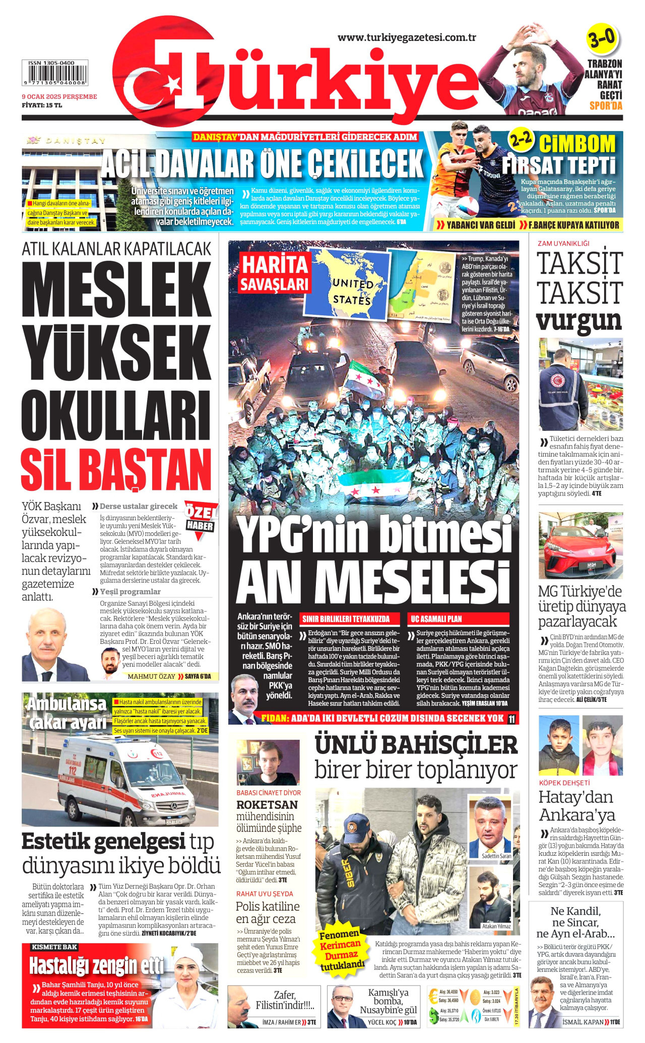 TÜRKİYE GAZETESİ gazetesinin 9 Ocak 2025 tarihli birinci sayfası