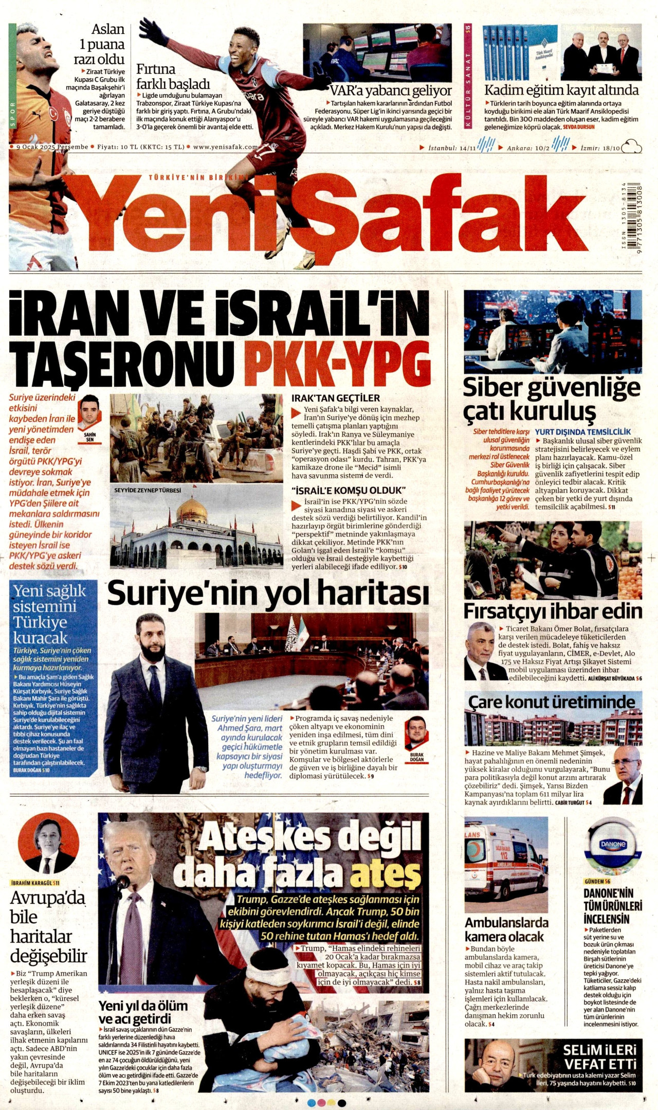 YENİ ŞAFAK gazetesinin 9 Ocak 2025 tarihli birinci sayfası