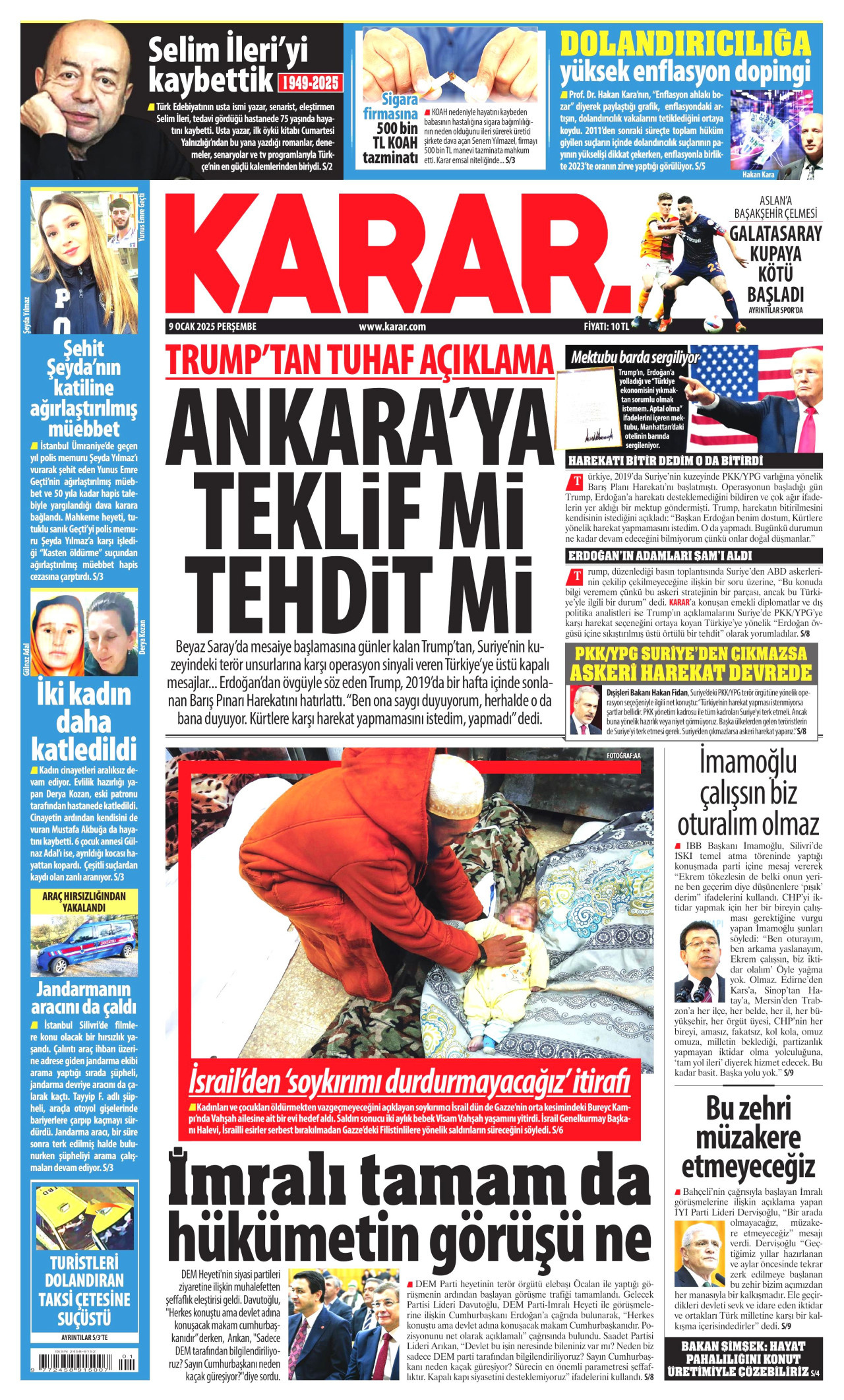 KARAR gazetesinin 9 Ocak 2025 tarihli birinci sayfası