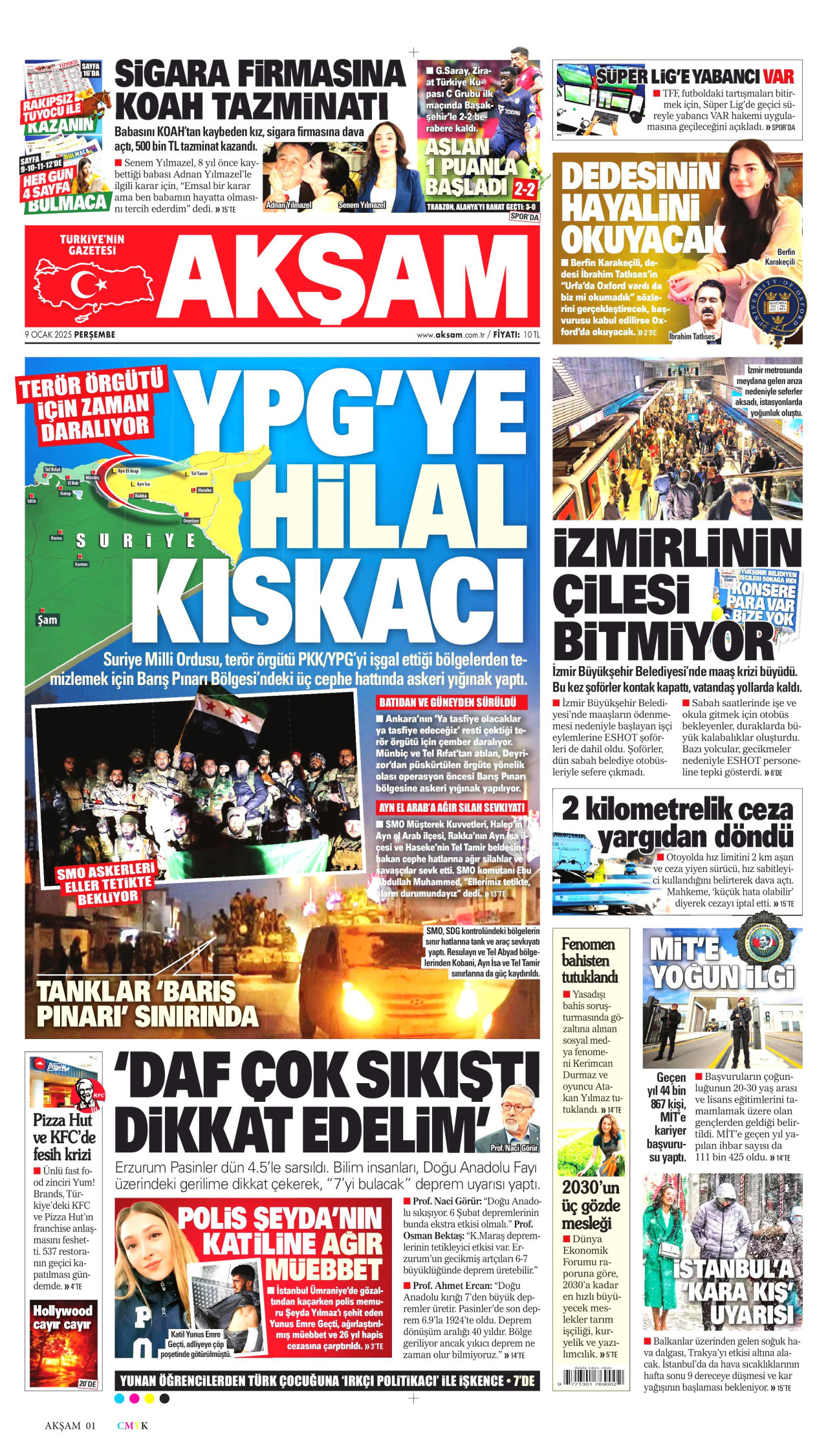 AKŞAM gazetesinin 9 Ocak 2025 tarihli birinci sayfası