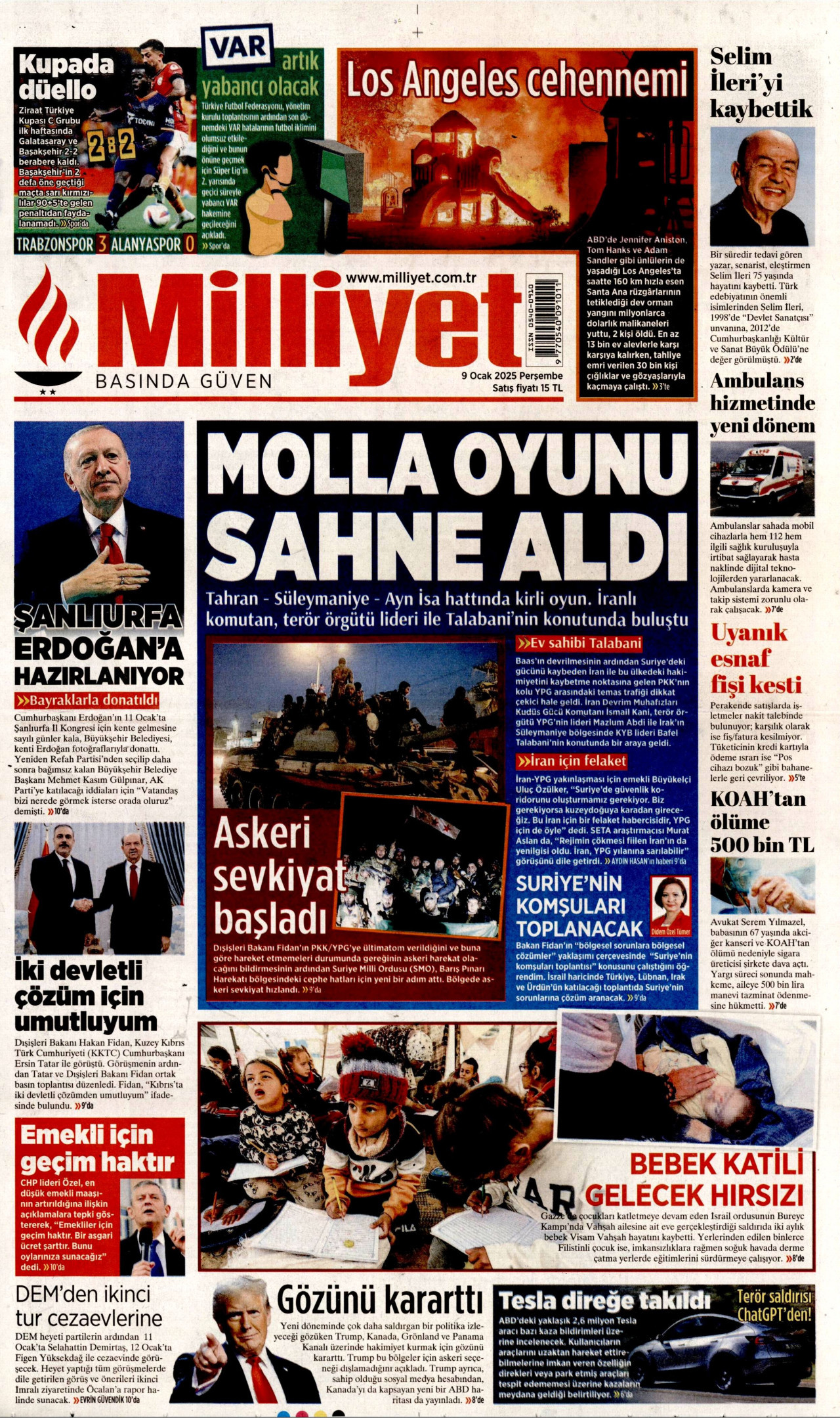 MİLLİYET gazetesinin 9 Ocak 2025 tarihli birinci sayfası