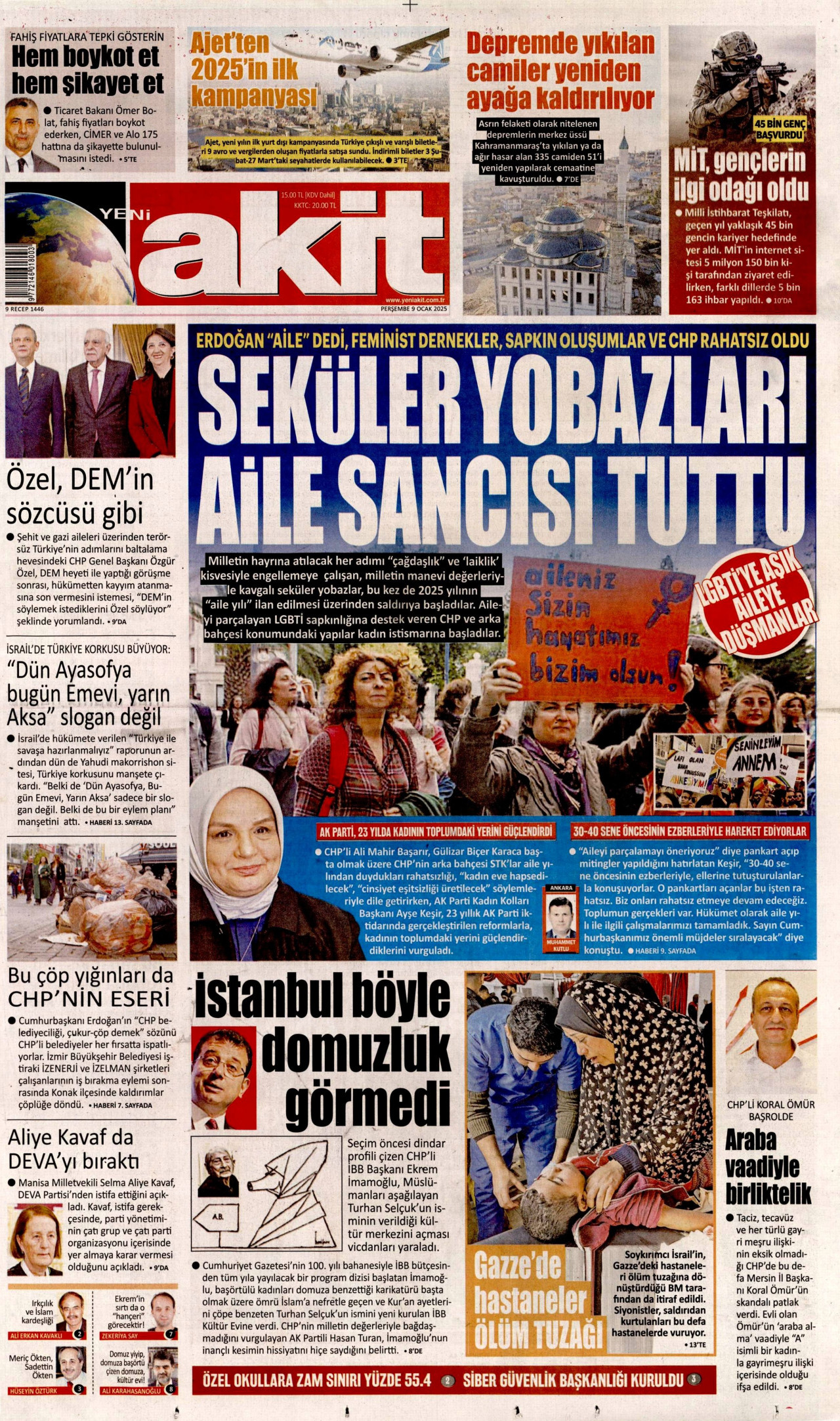 YENİ AKİT gazetesinin 9 Ocak 2025 tarihli birinci sayfası