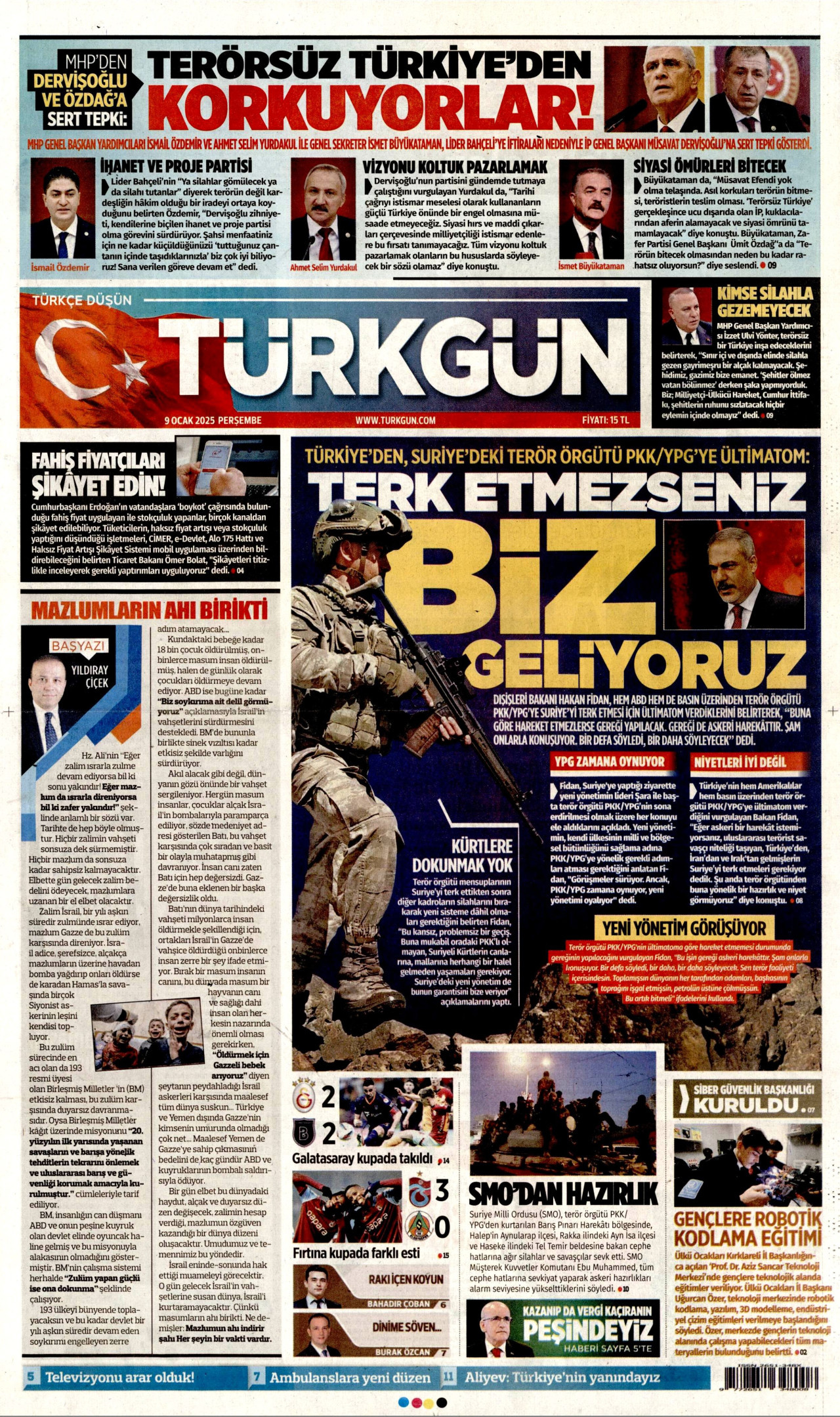 TÜRKGÜN gazetesinin 9 Ocak 2025 tarihli birinci sayfası