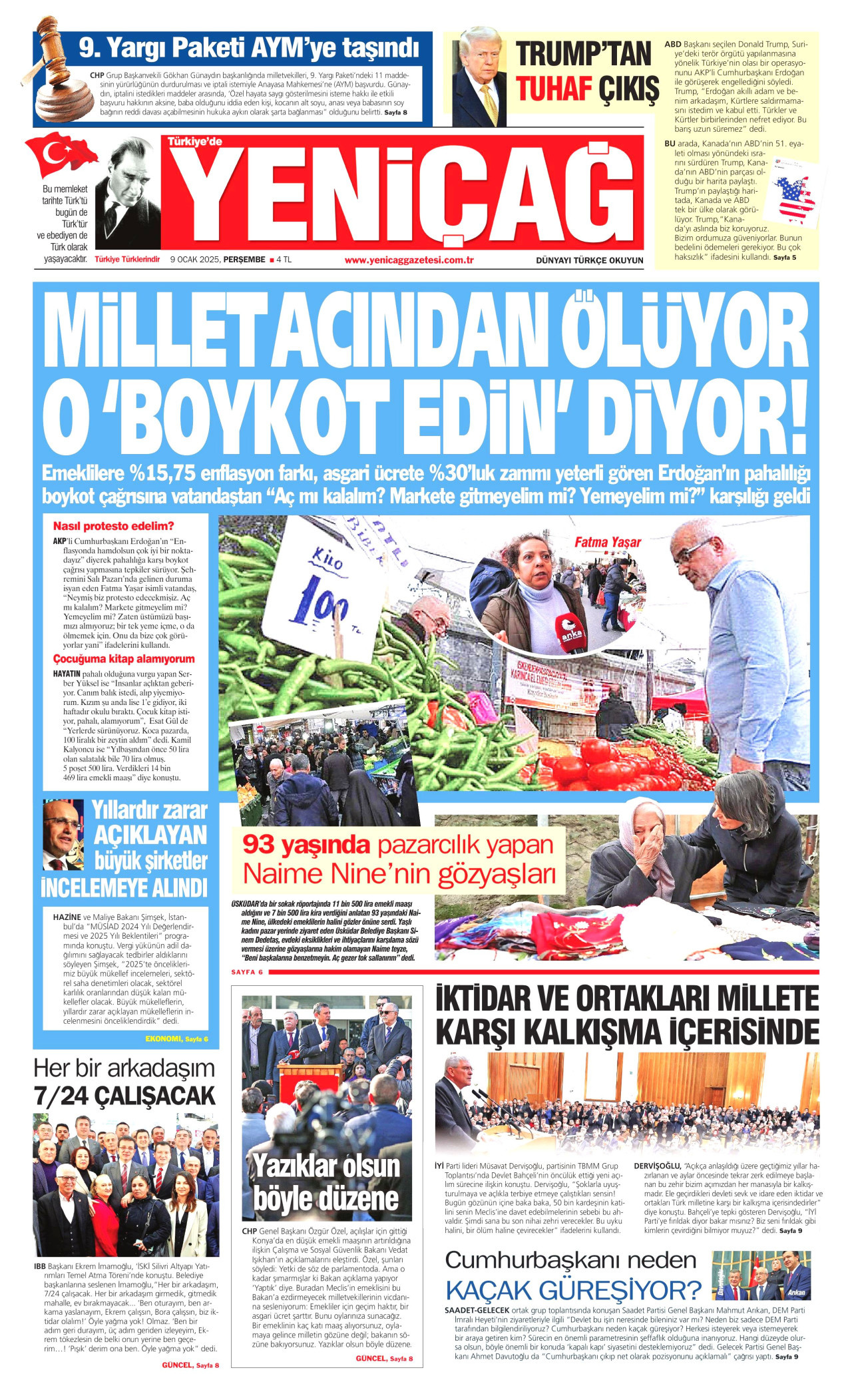 YENİÇAĞ gazetesinin 9 Ocak 2025 tarihli birinci sayfası