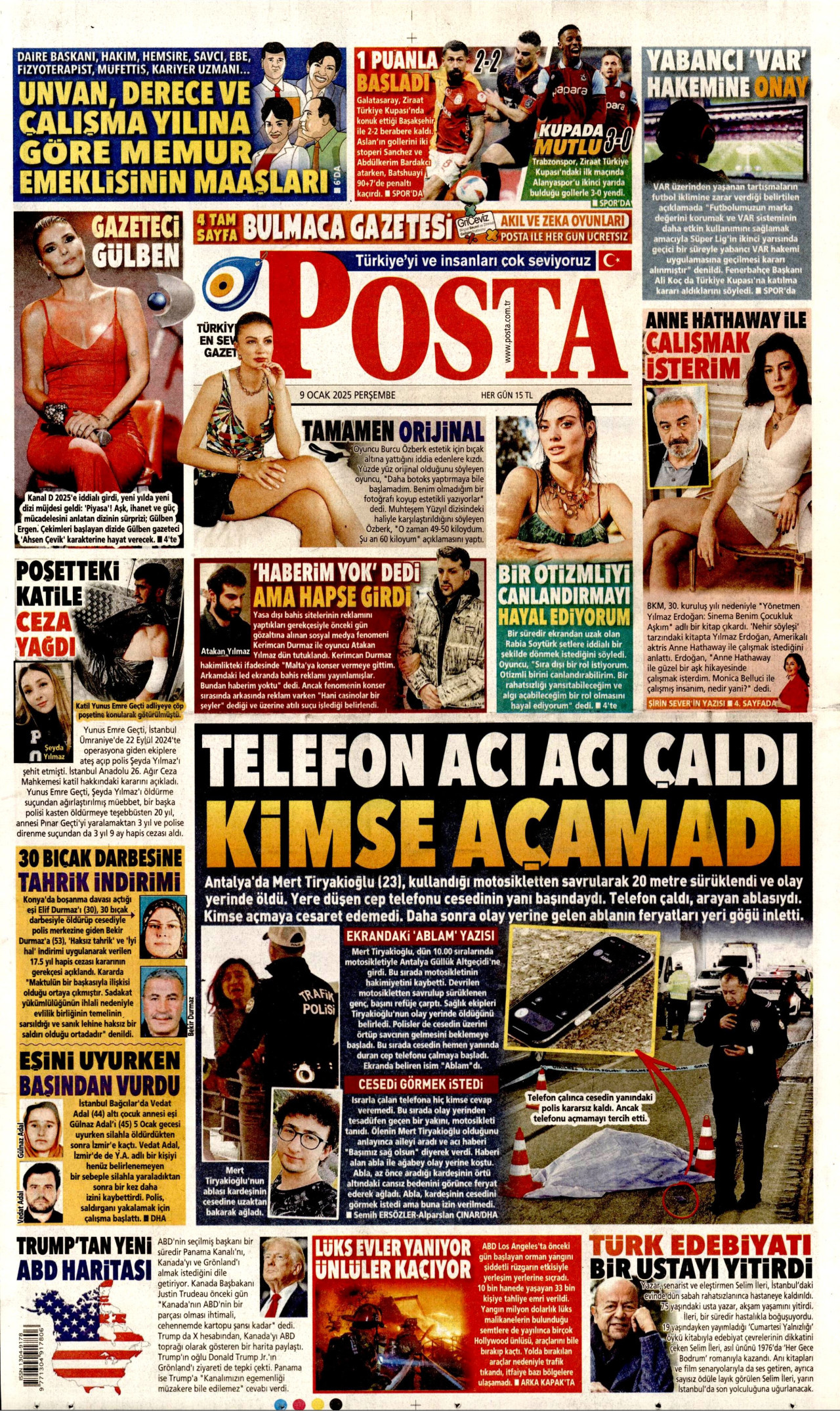 POSTA gazetesinin 9 Ocak 2025 tarihli birinci sayfası