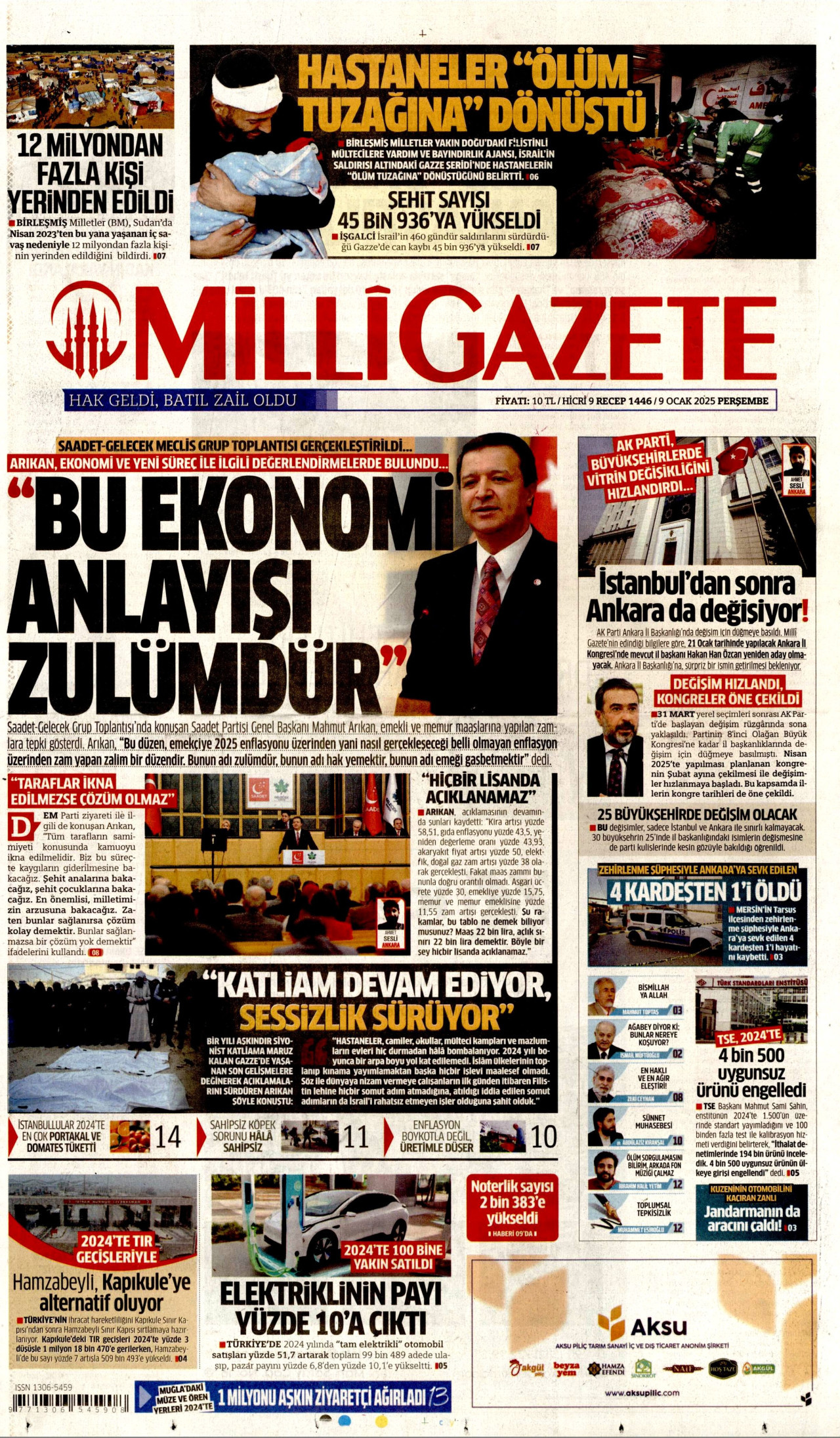 MİLLİ GAZETE gazetesinin 9 Ocak 2025 tarihli birinci sayfası