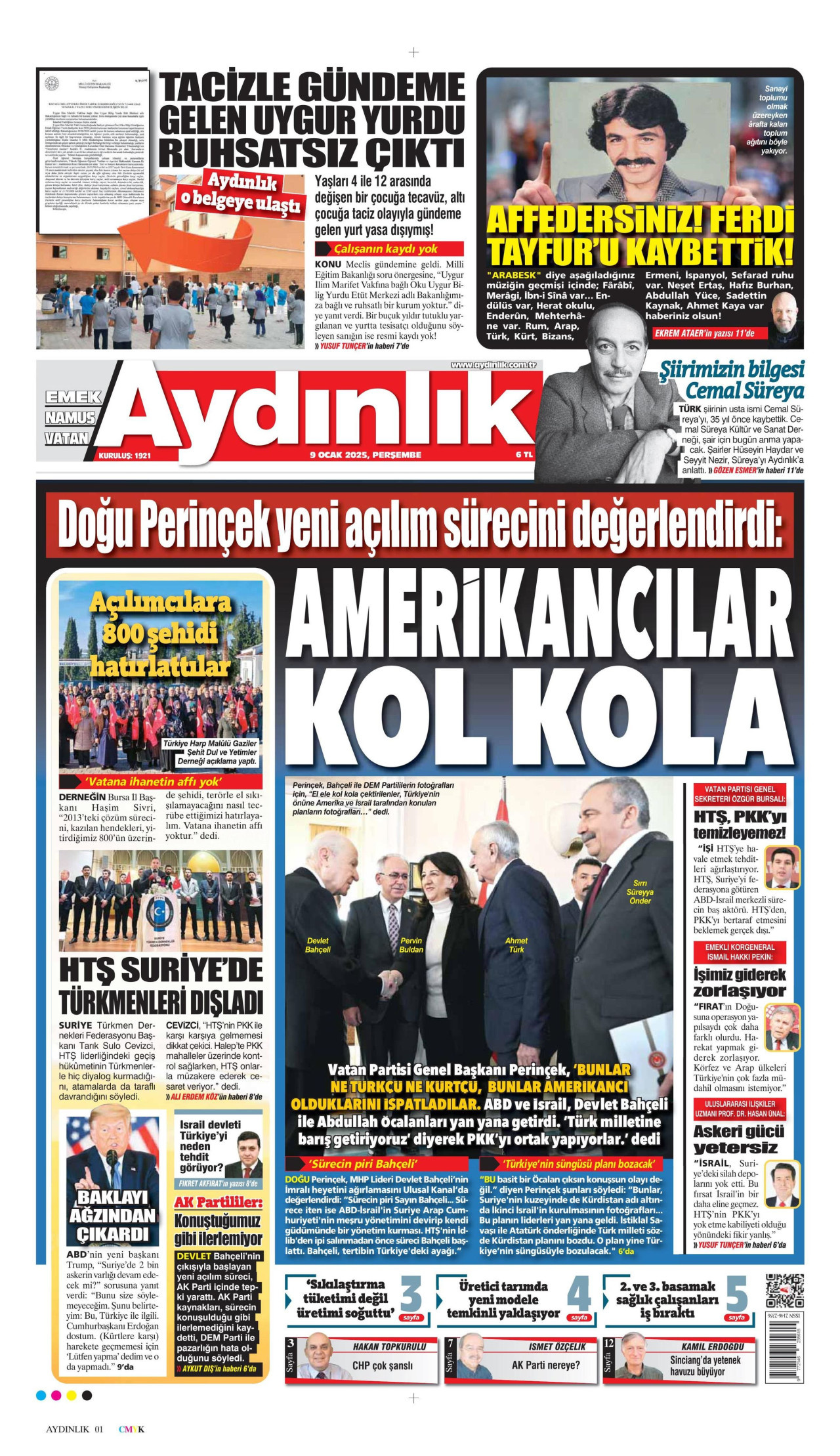AYDINLIK GAZETESİ gazetesinin 9 Ocak 2025 tarihli birinci sayfası