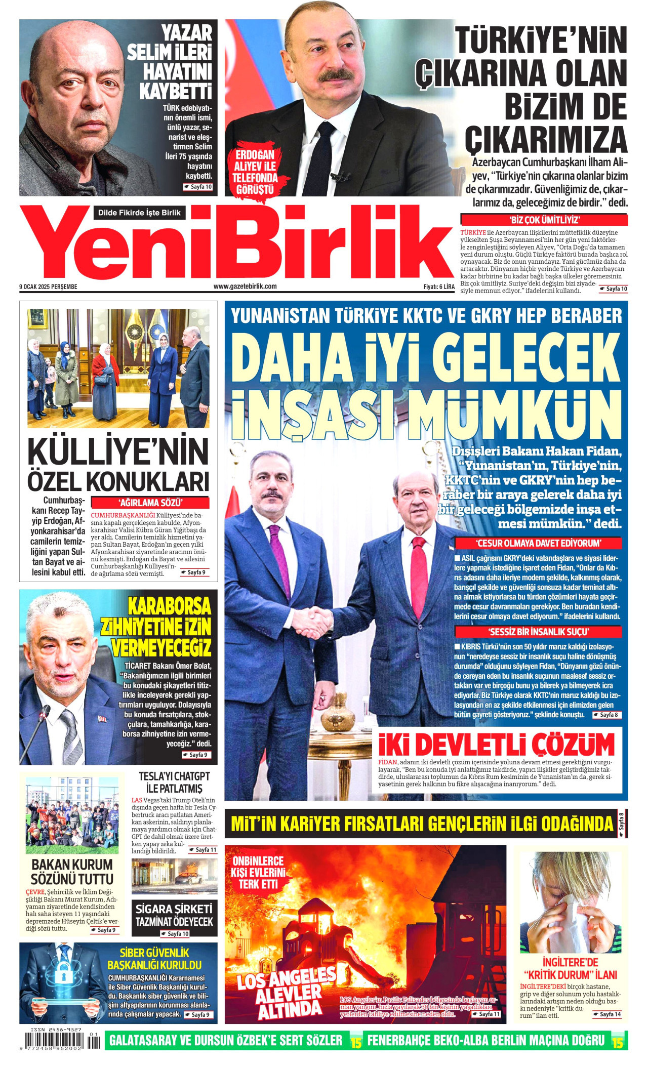 YENİBİRLİK gazetesinin 9 Ocak 2025 tarihli birinci sayfası