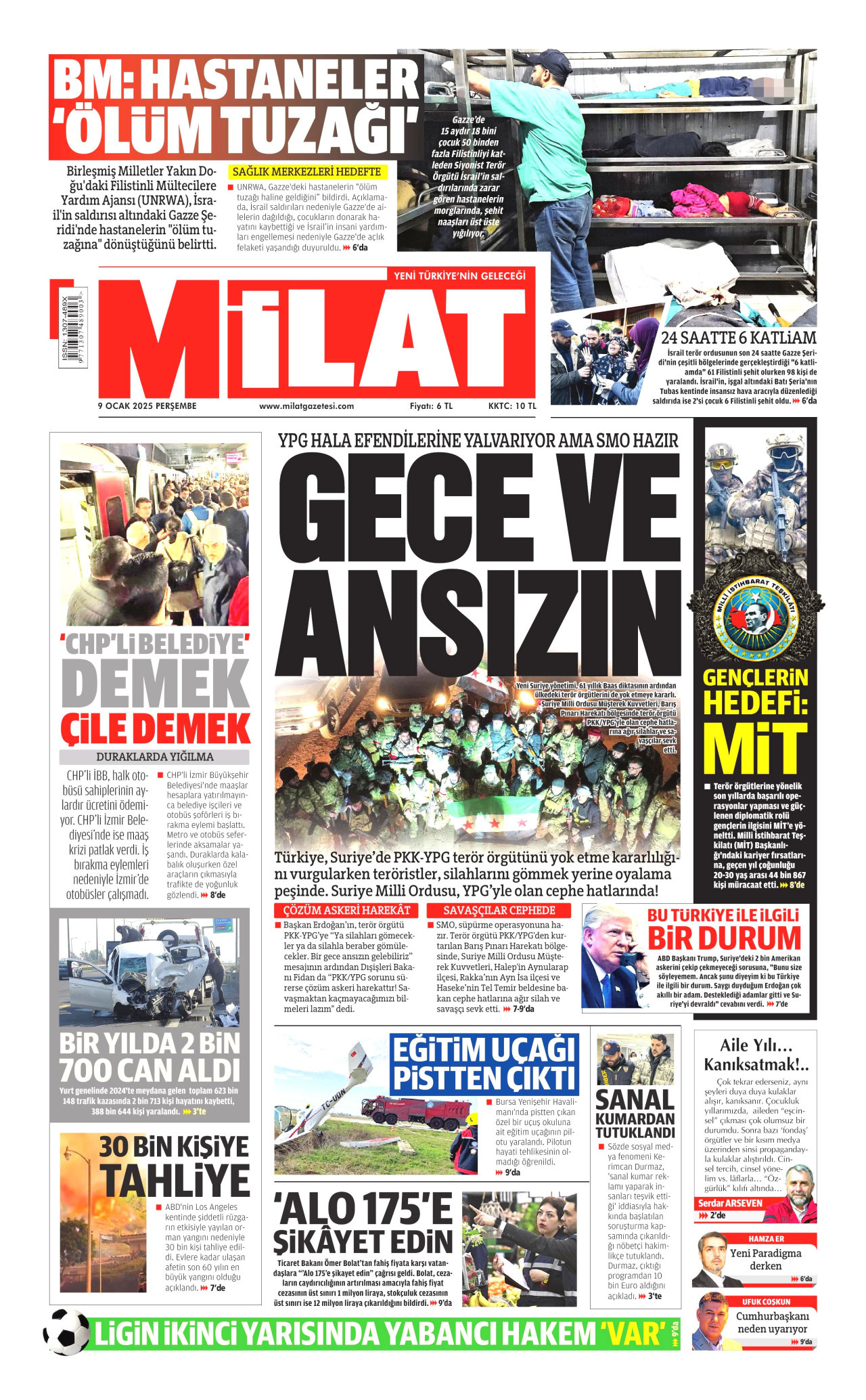MİLAT gazetesinin 9 Ocak 2025 tarihli birinci sayfası