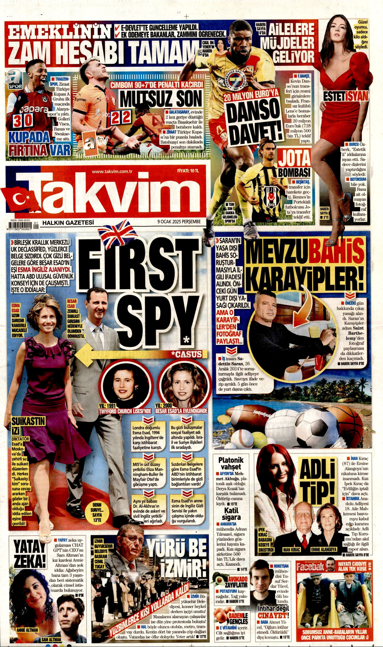 TAKVİM gazetesinin 9 Ocak 2025 tarihli birinci sayfası