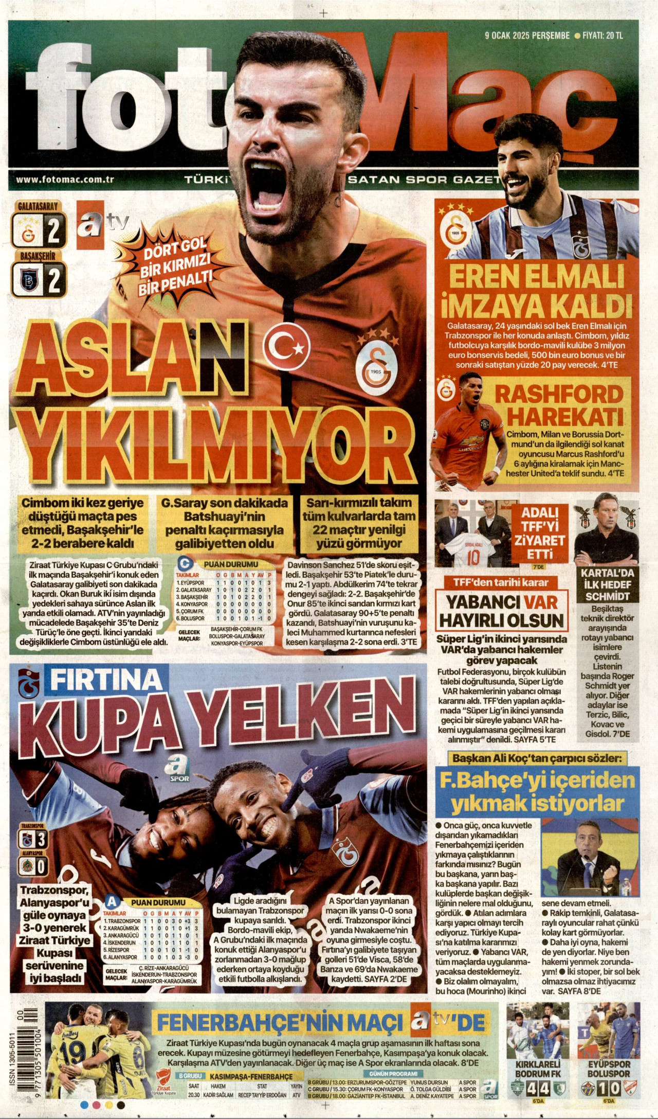 FOTOMAÇ gazetesinin 9 Ocak 2025 tarihli birinci sayfası