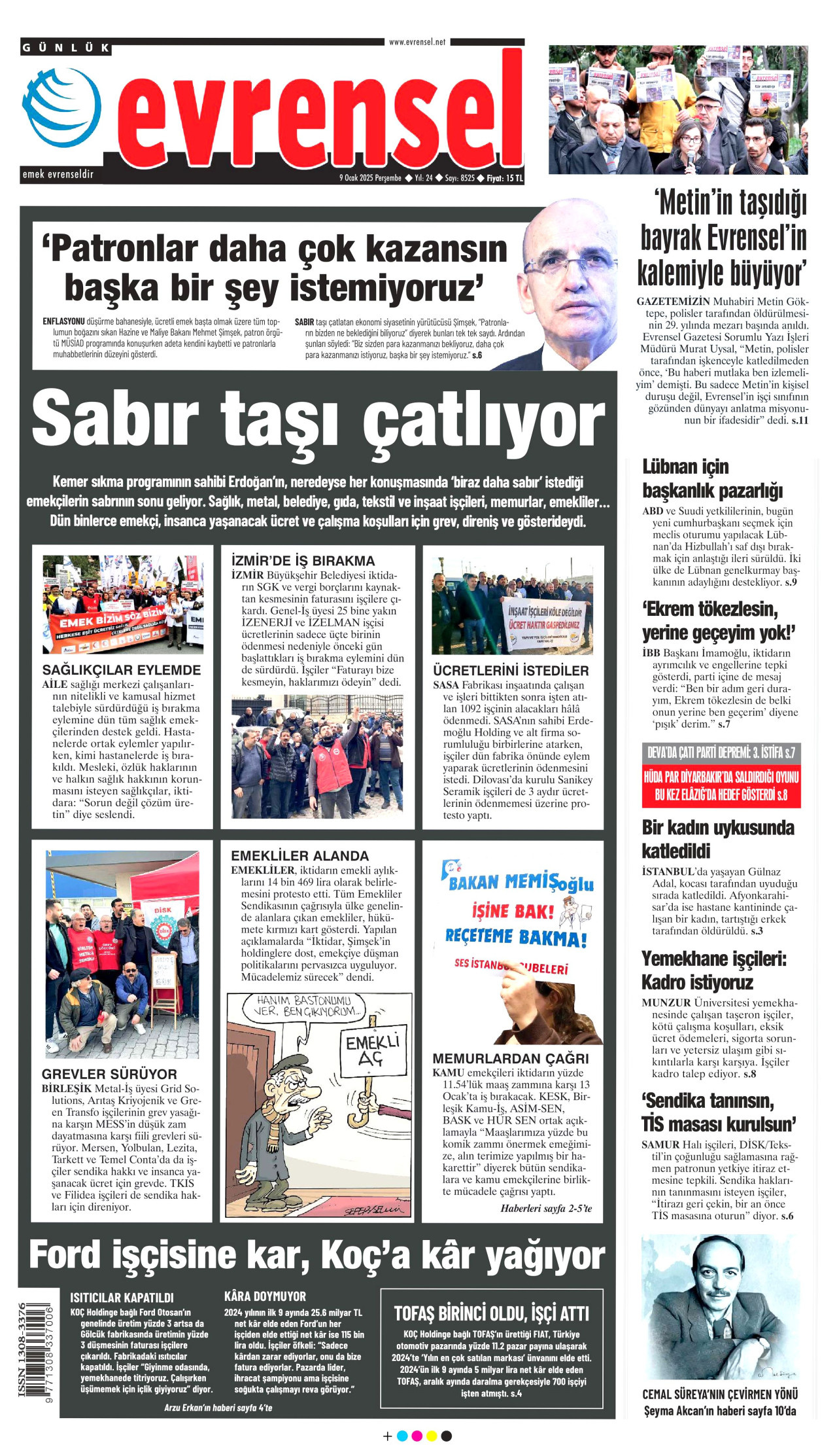 EVRENSEL gazetesinin 9 Ocak 2025 tarihli birinci sayfası