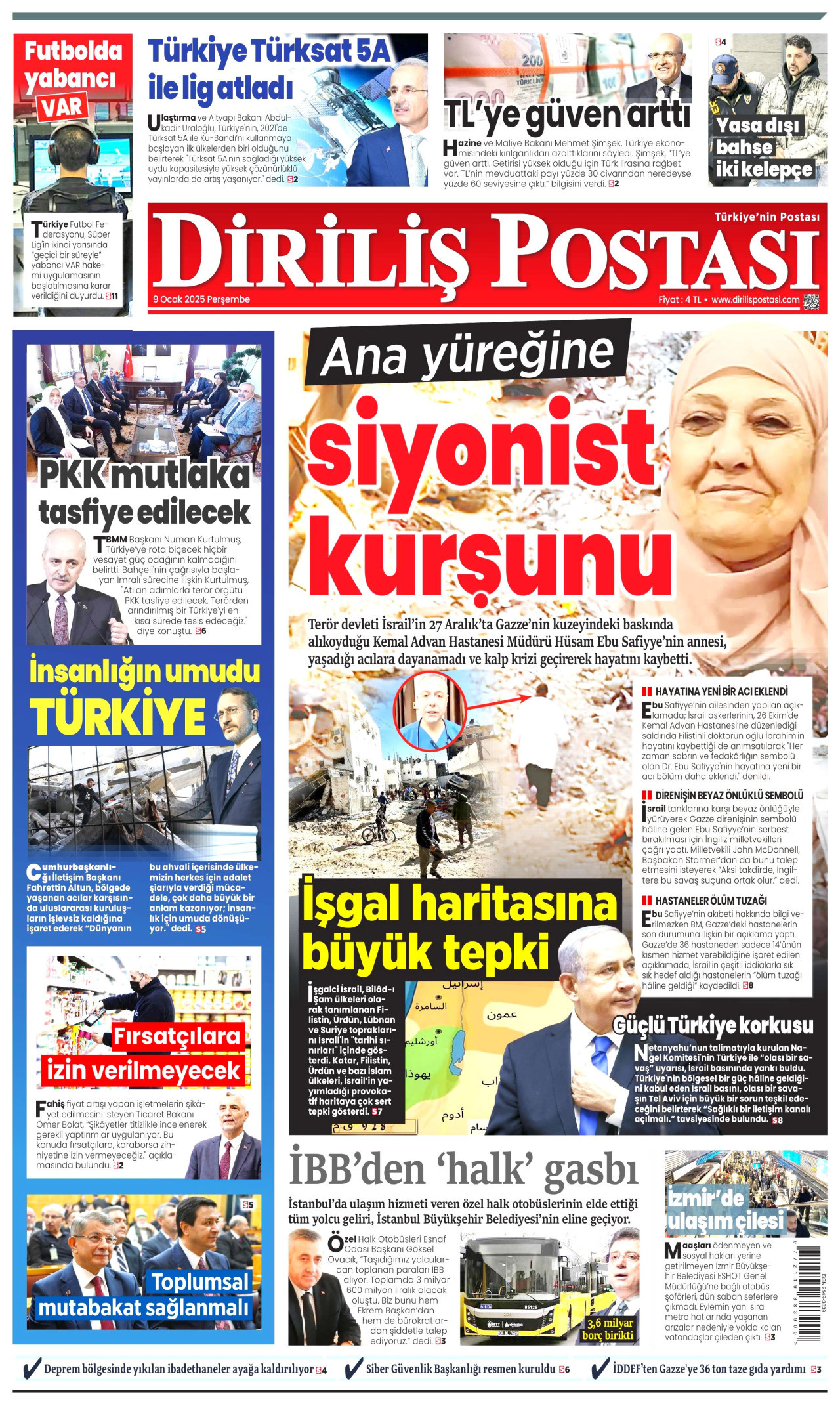 DİRİLİŞ POSTASI gazetesinin 9 Ocak 2025 tarihli birinci sayfası