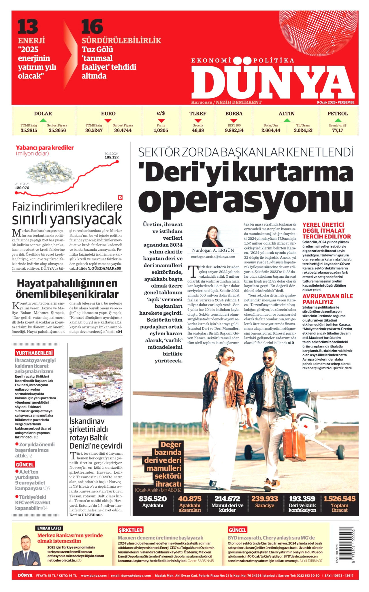 DÜNYA gazetesinin 9 Ocak 2025 tarihli birinci sayfası