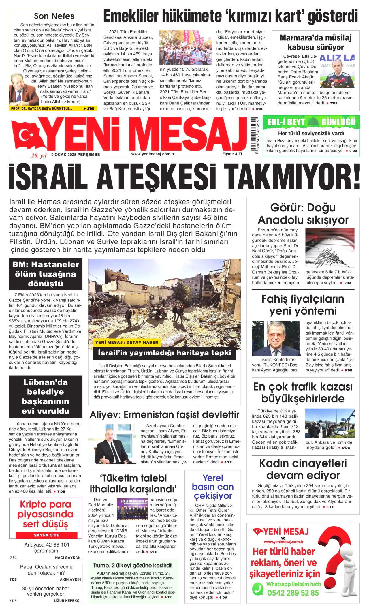 YENİ MESAJ gazetesinin 9 Ocak 2025 tarihli birinci sayfası