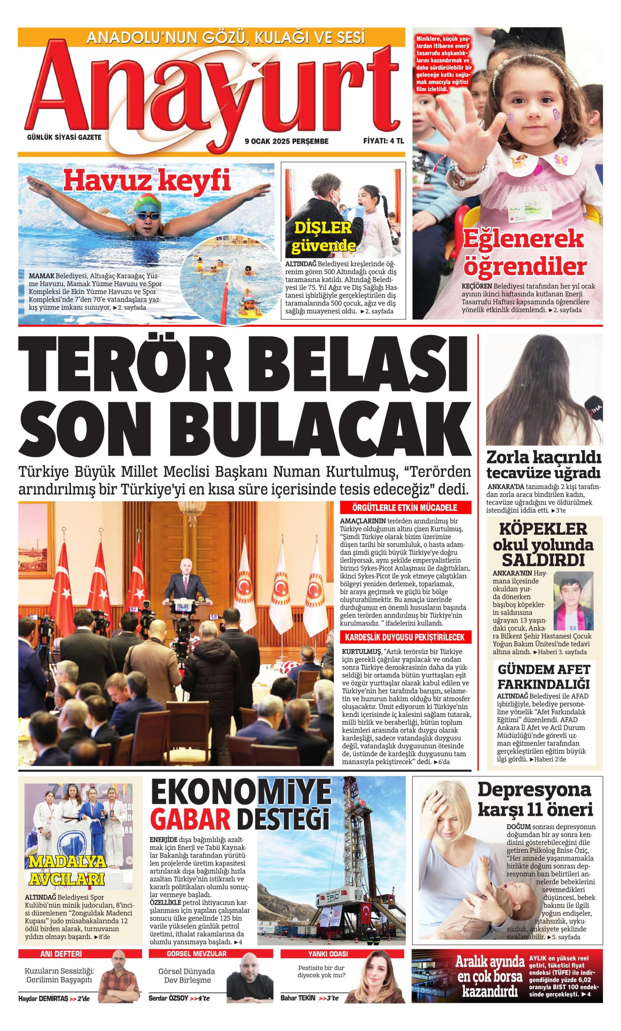 ANAYURT gazetesinin 9 Ocak 2025 tarihli birinci sayfası
