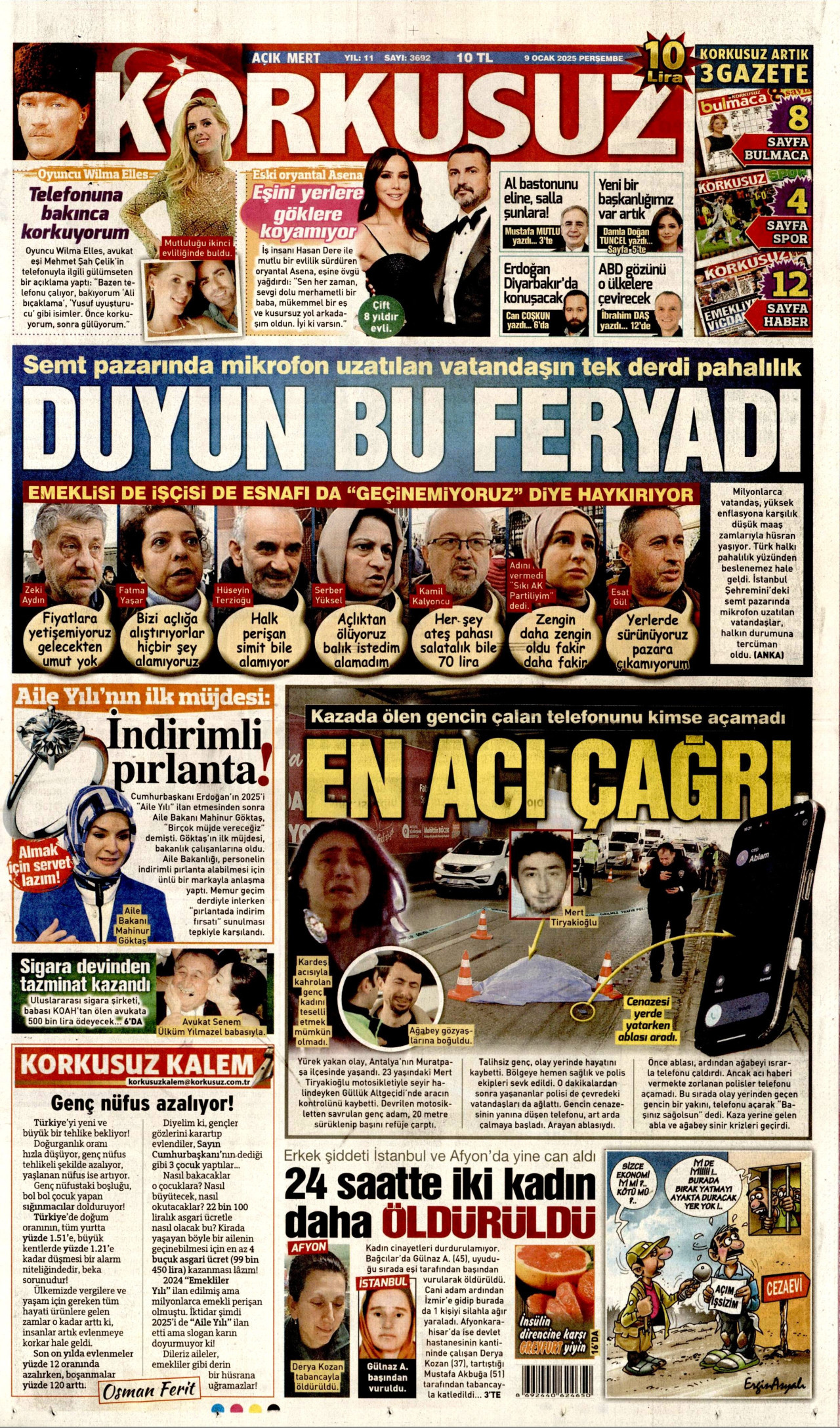 KORKUSUZ gazetesinin 9 Ocak 2025 tarihli birinci sayfası