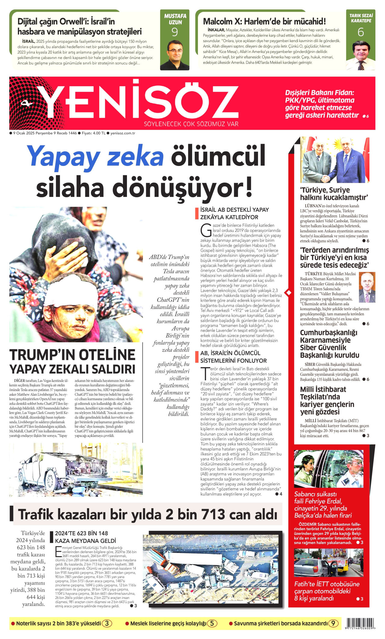 YENİ SÖZ GAZETESİ gazetesinin 9 Ocak 2025 tarihli birinci sayfası