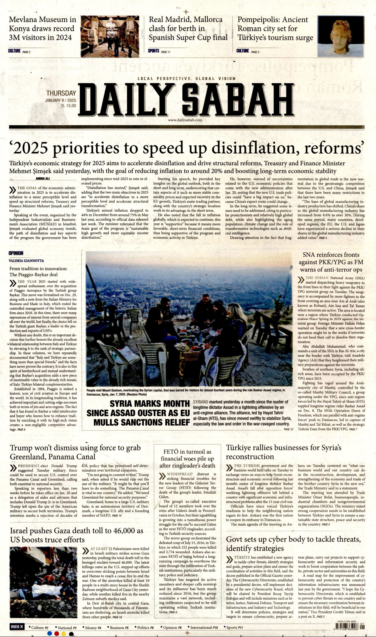 DAİLY SABAH gazetesinin 9 Ocak 2025 tarihli birinci sayfası