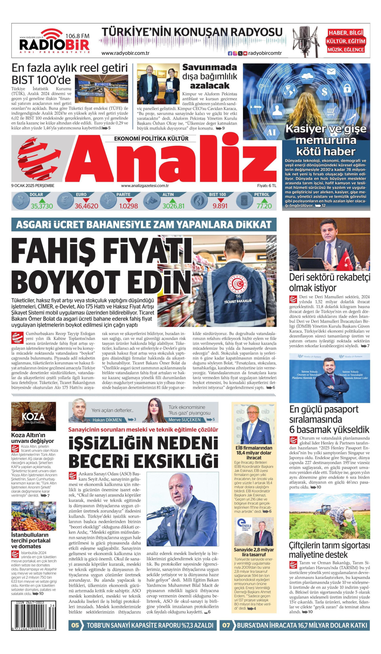 ANALİZ gazetesinin 9 Ocak 2025 tarihli birinci sayfası