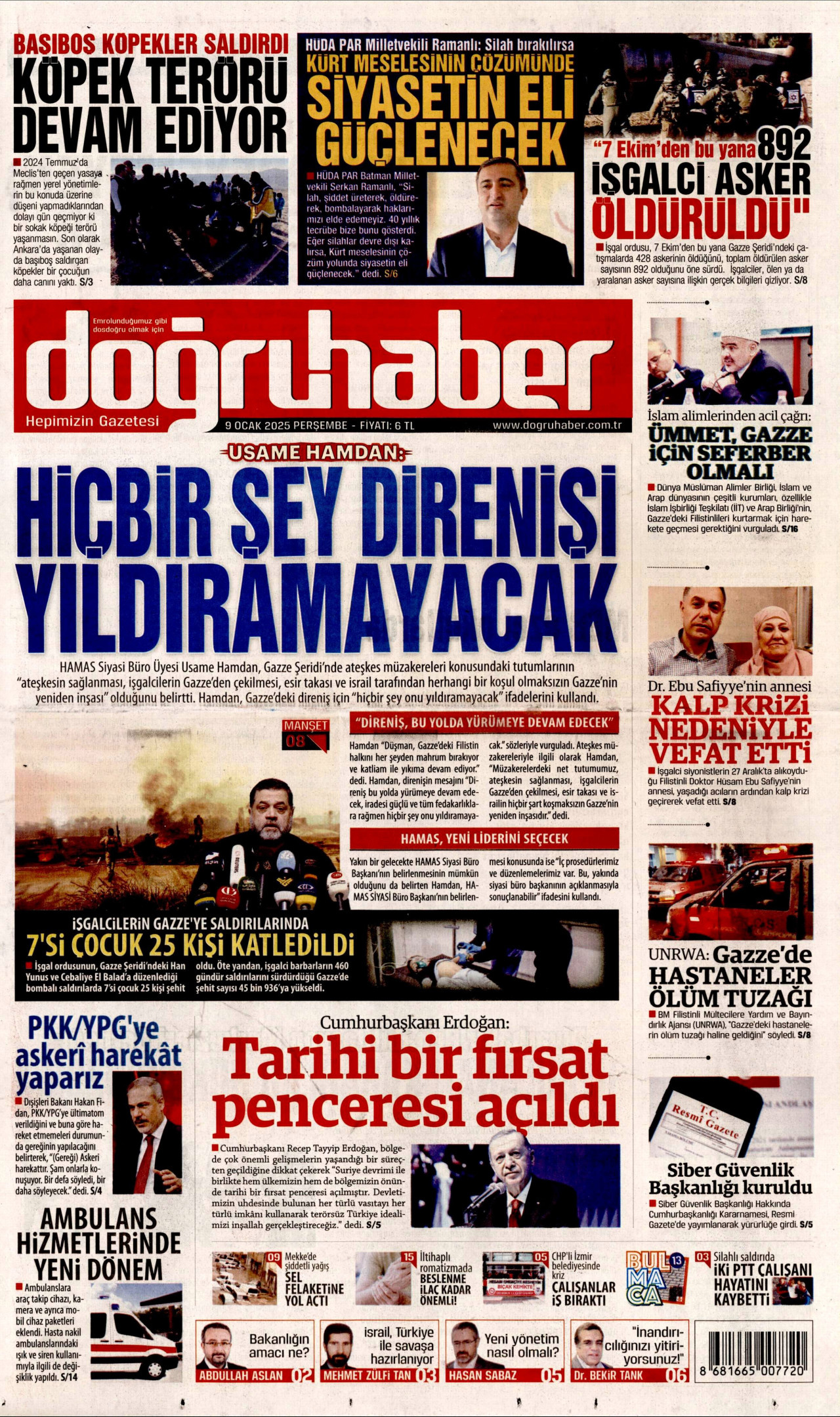 DOĞRU HABER gazetesinin 9 Ocak 2025 tarihli birinci sayfası