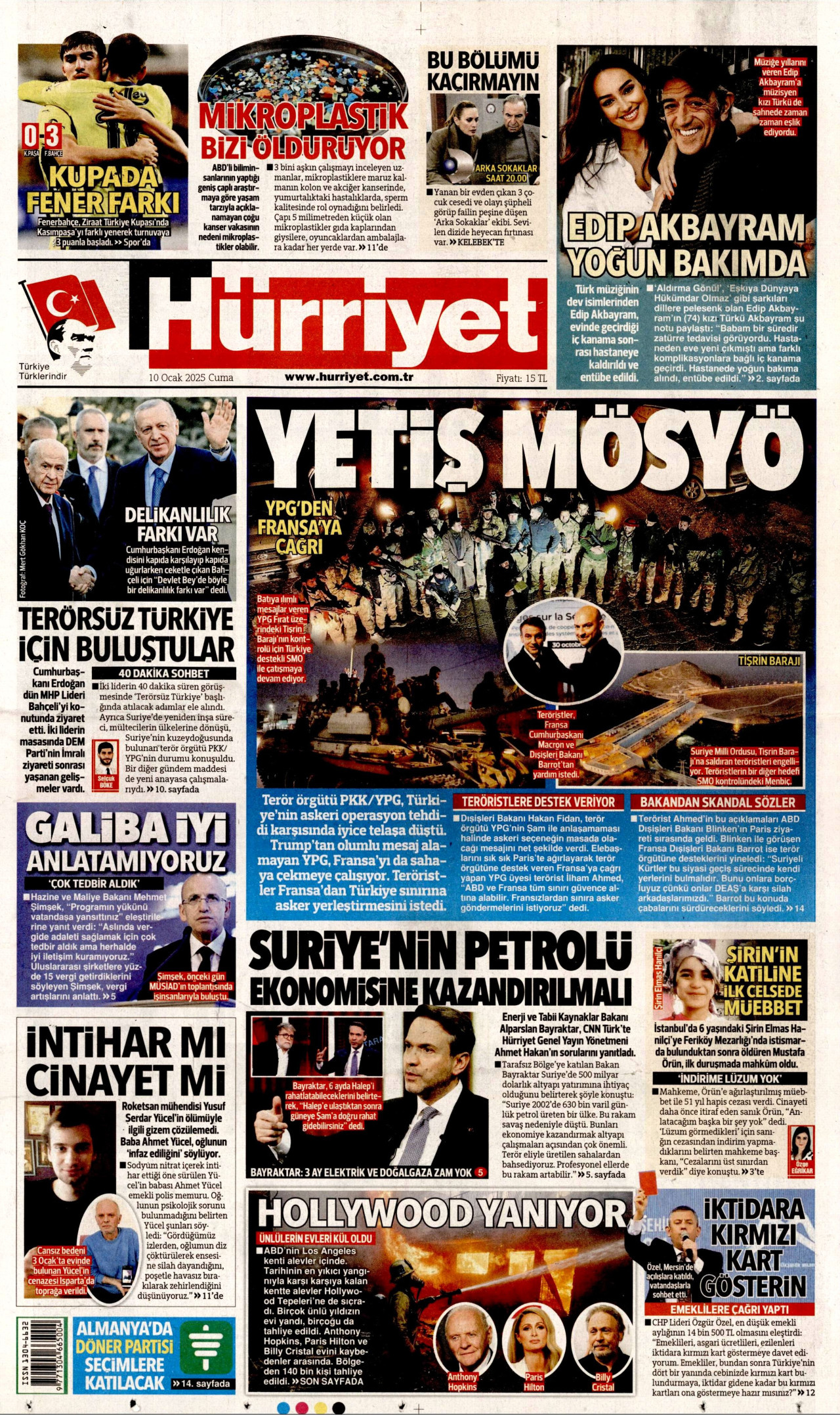 HÜRRİYET gazetesinin 10 Ocak 2025 tarihli birinci sayfası