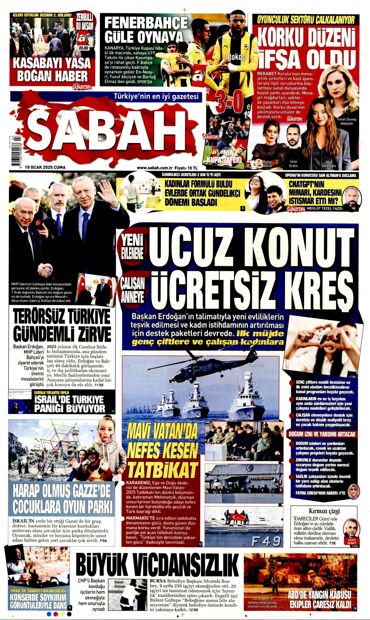 SABAH gazetesinin 10 Ocak 2025 tarihli birinci sayfası