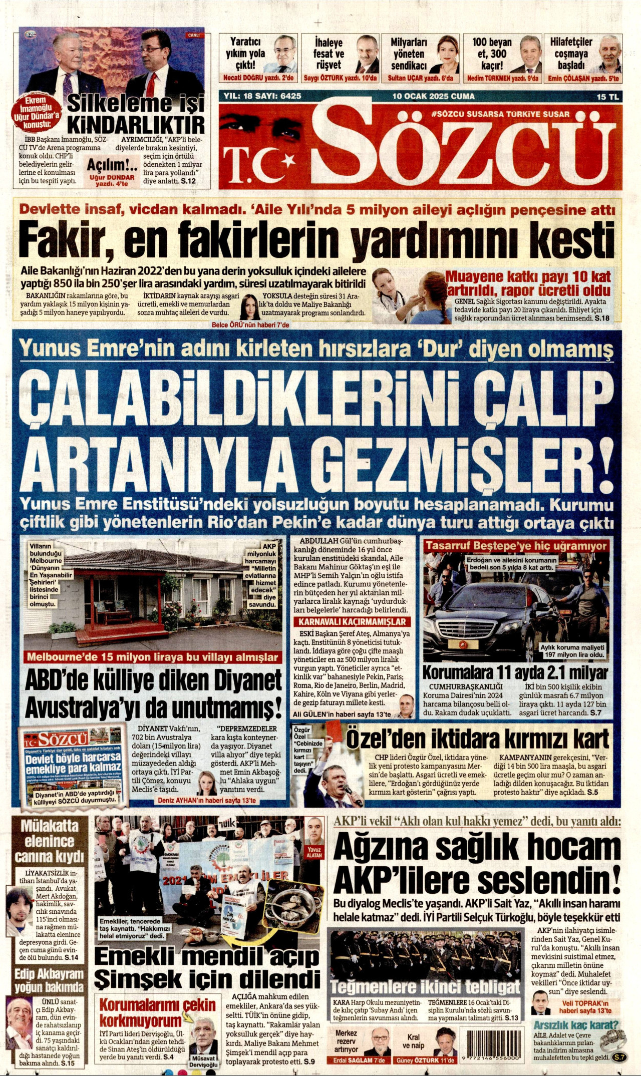 SÖZCÜ gazetesinin 10 Ocak 2025 tarihli birinci sayfası