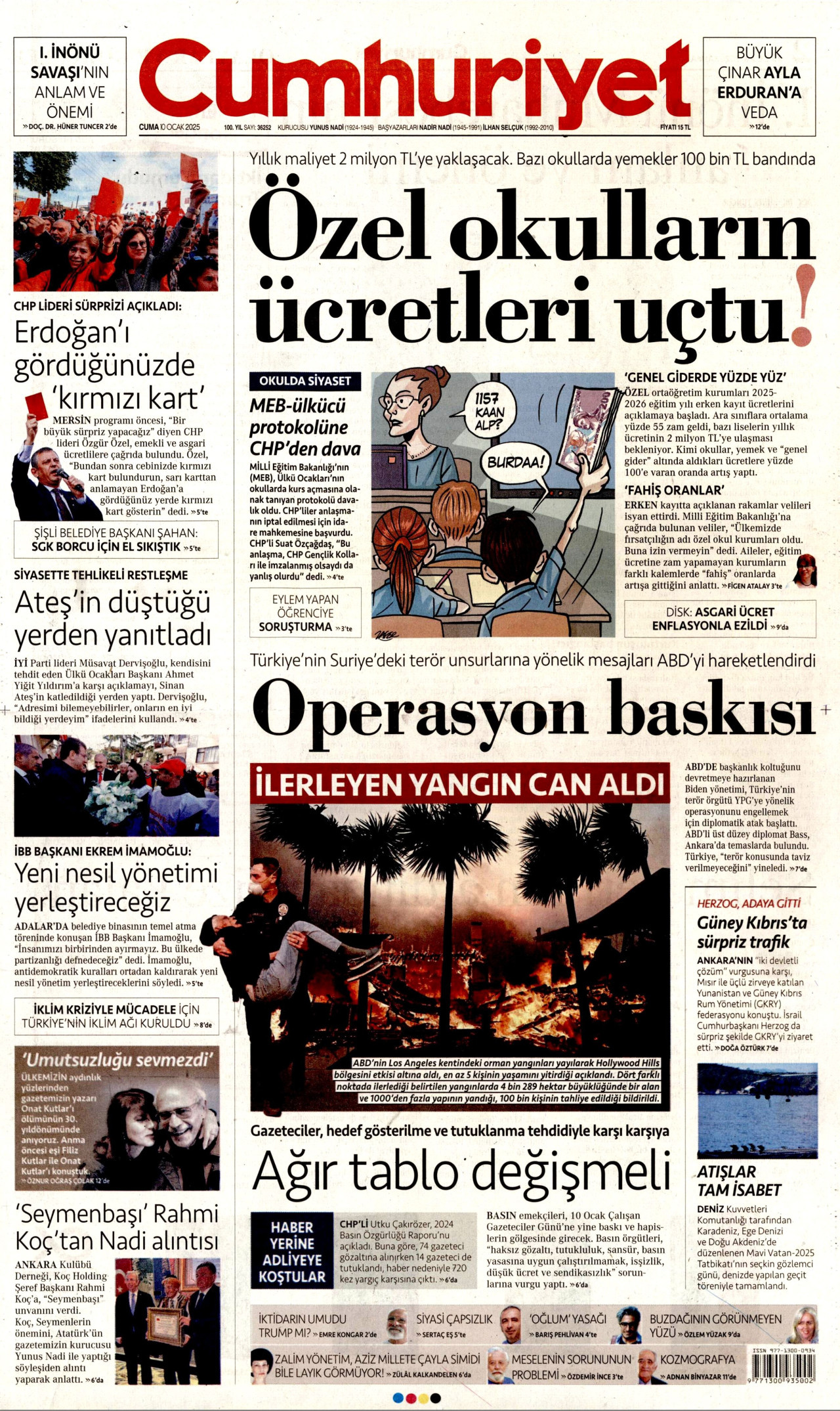CUMHURİYET gazetesinin 10 Ocak 2025 tarihli birinci sayfası