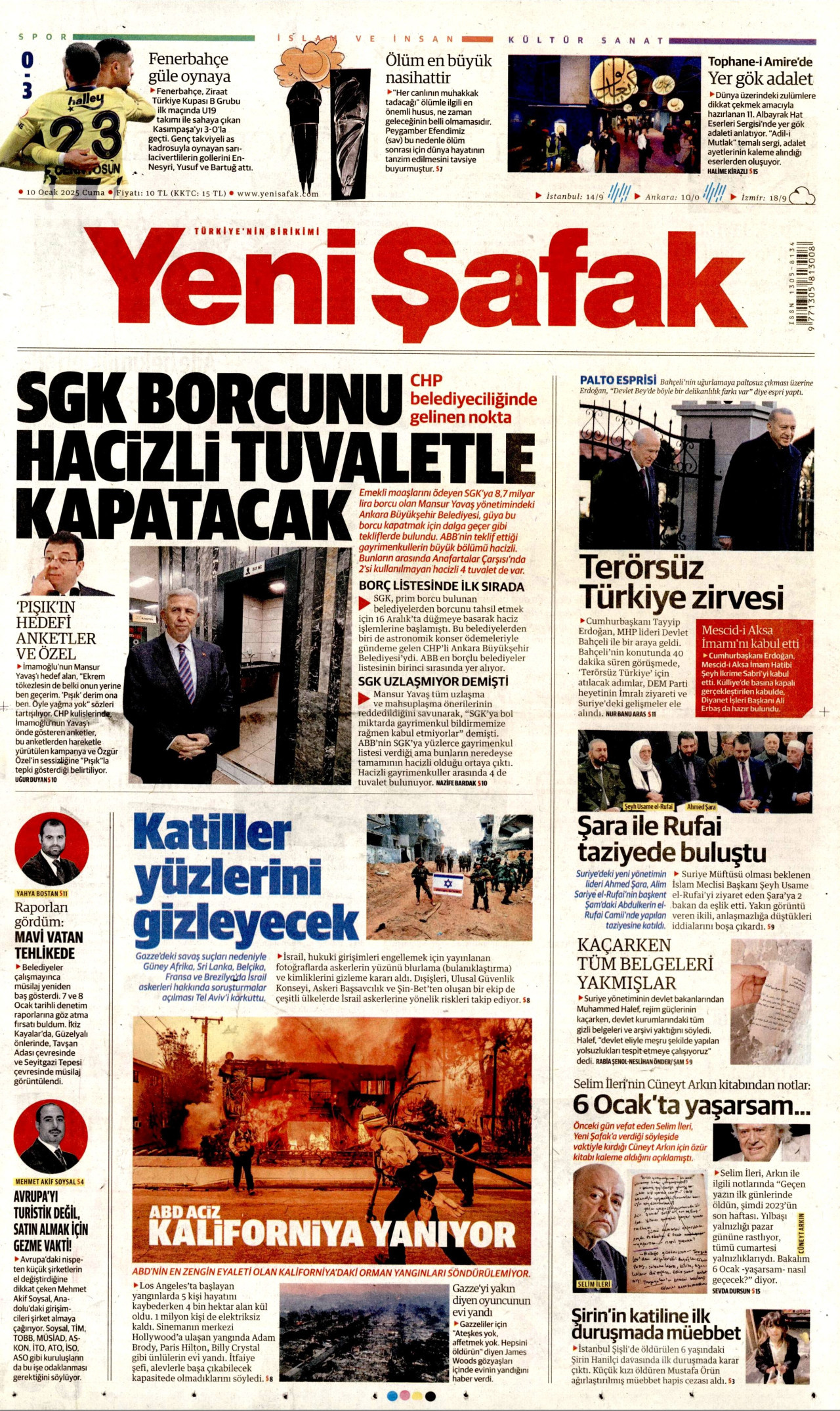 YENİ ŞAFAK gazetesinin 10 Ocak 2025 tarihli birinci sayfası