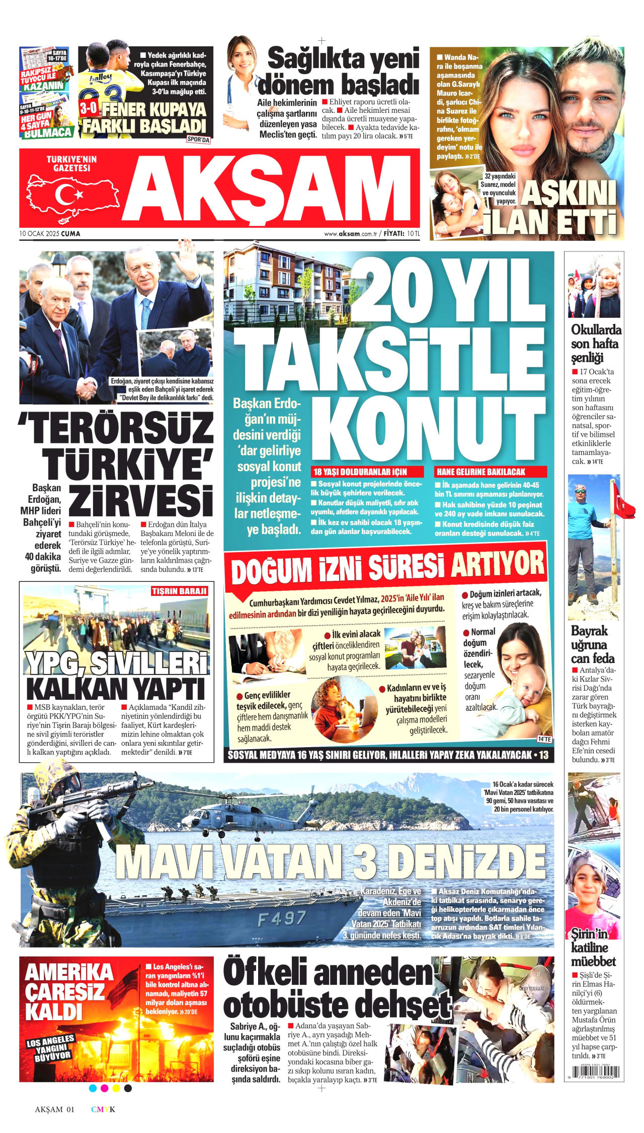 AKŞAM gazetesinin 10 Ocak 2025 tarihli birinci sayfası