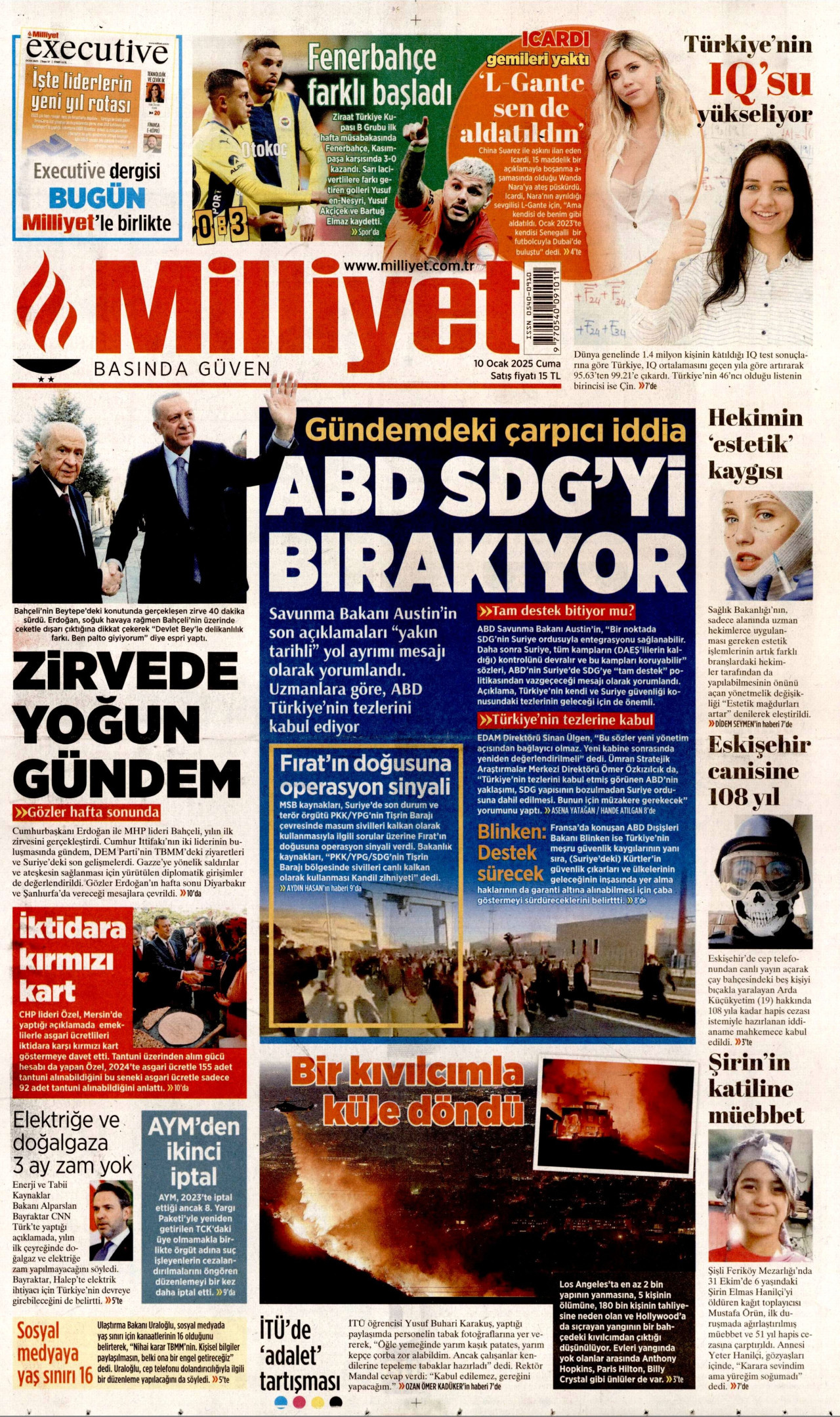 MİLLİYET gazetesinin 10 Ocak 2025 tarihli birinci sayfası