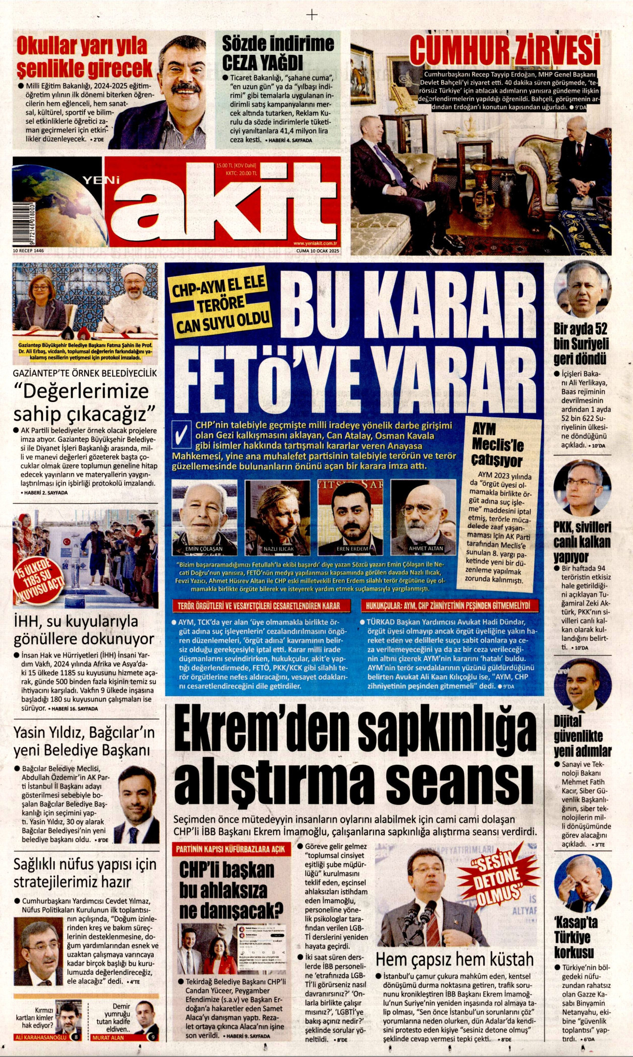 YENİ AKİT gazetesinin 10 Ocak 2025 tarihli birinci sayfası