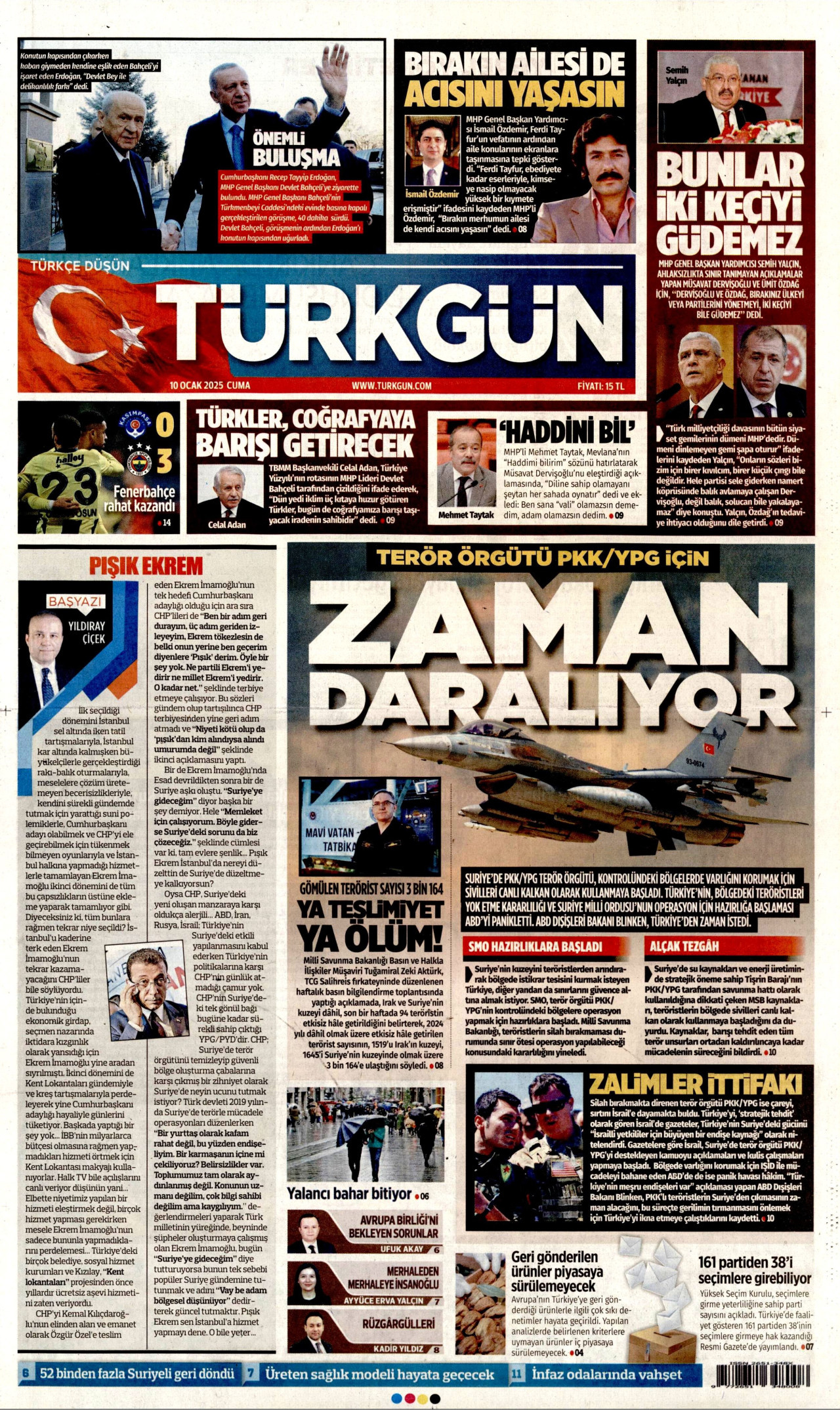 TÜRKGÜN gazetesinin 10 Ocak 2025 tarihli birinci sayfası