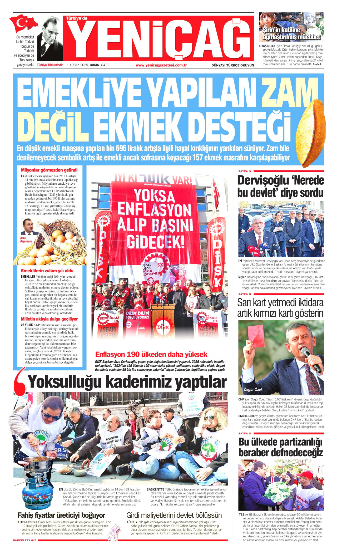 YENİÇAĞ gazetesinin 10 Ocak 2025 tarihli birinci sayfası