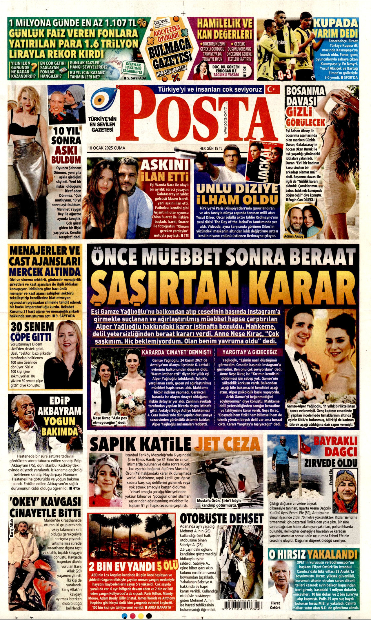 POSTA gazetesinin 10 Ocak 2025 tarihli birinci sayfası
