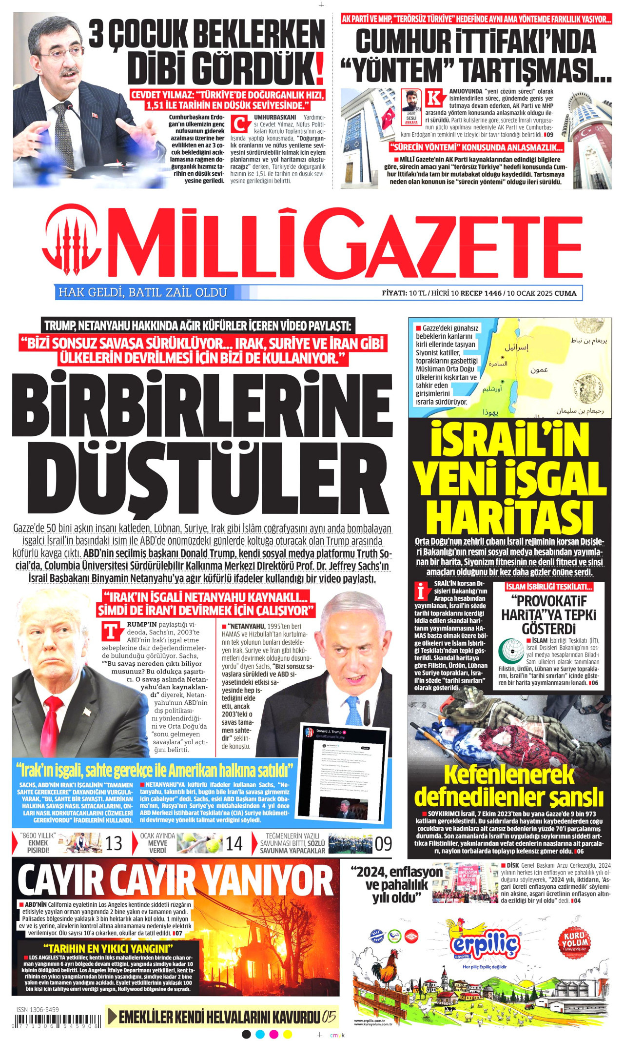 MİLLİ GAZETE gazetesinin 10 Ocak 2025 tarihli birinci sayfası