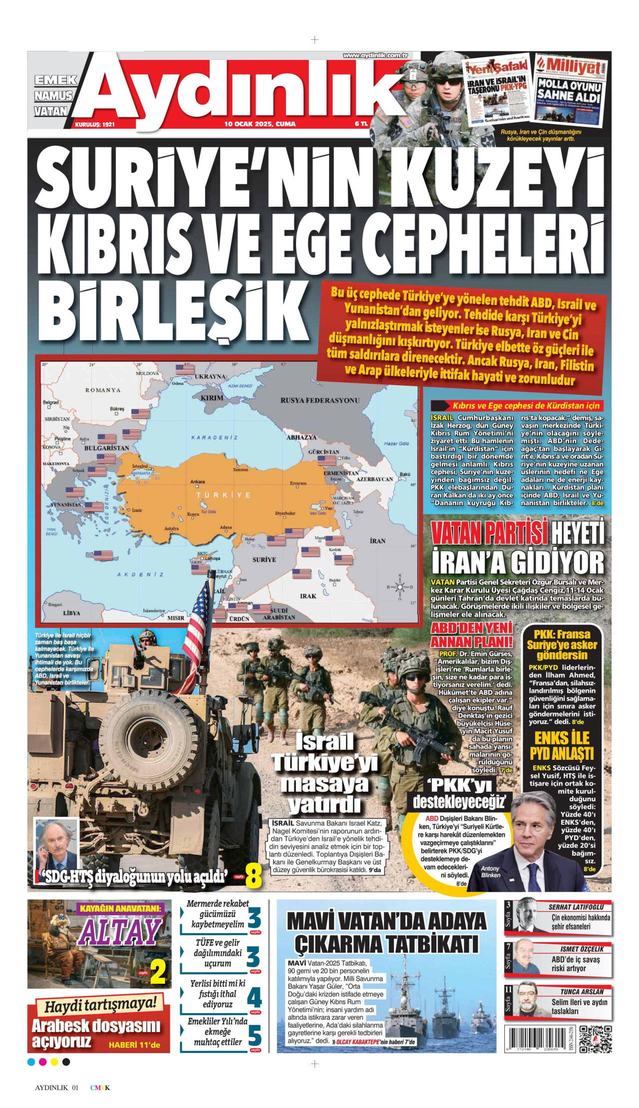 AYDINLIK GAZETESİ gazetesinin 10 Ocak 2025 tarihli birinci sayfası