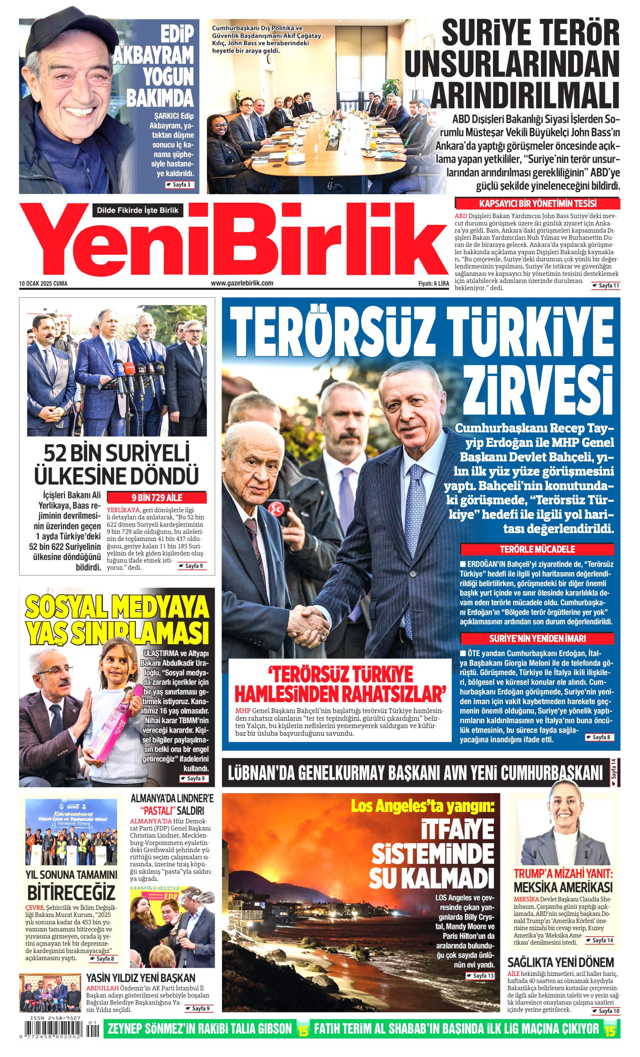 YENİBİRLİK gazetesinin 10 Ocak 2025 tarihli birinci sayfası