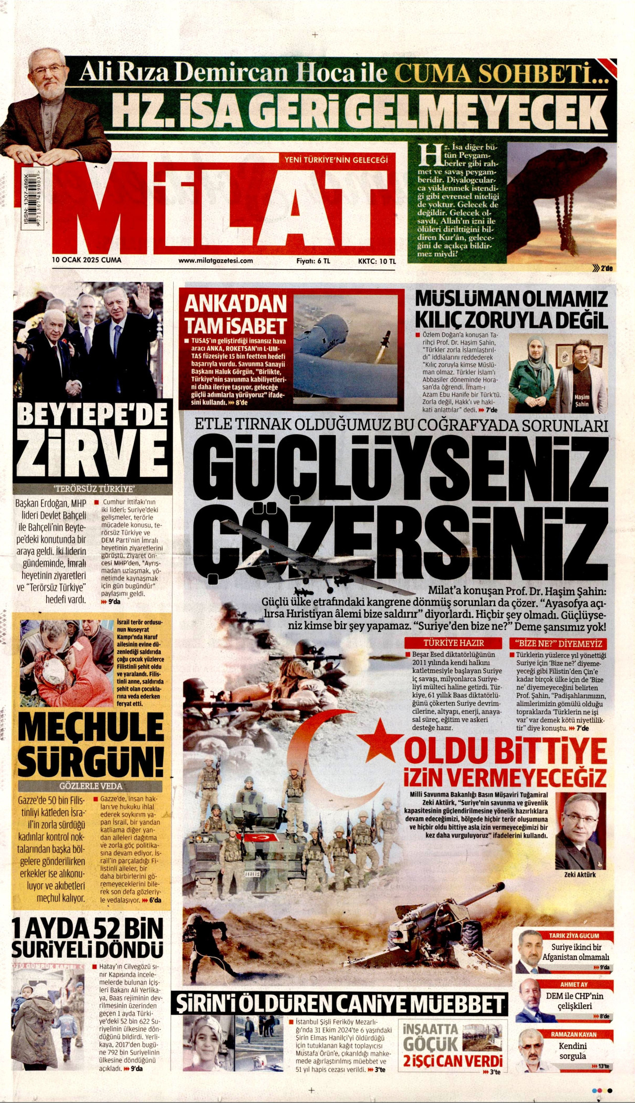 MİLAT gazetesinin 10 Ocak 2025 tarihli birinci sayfası