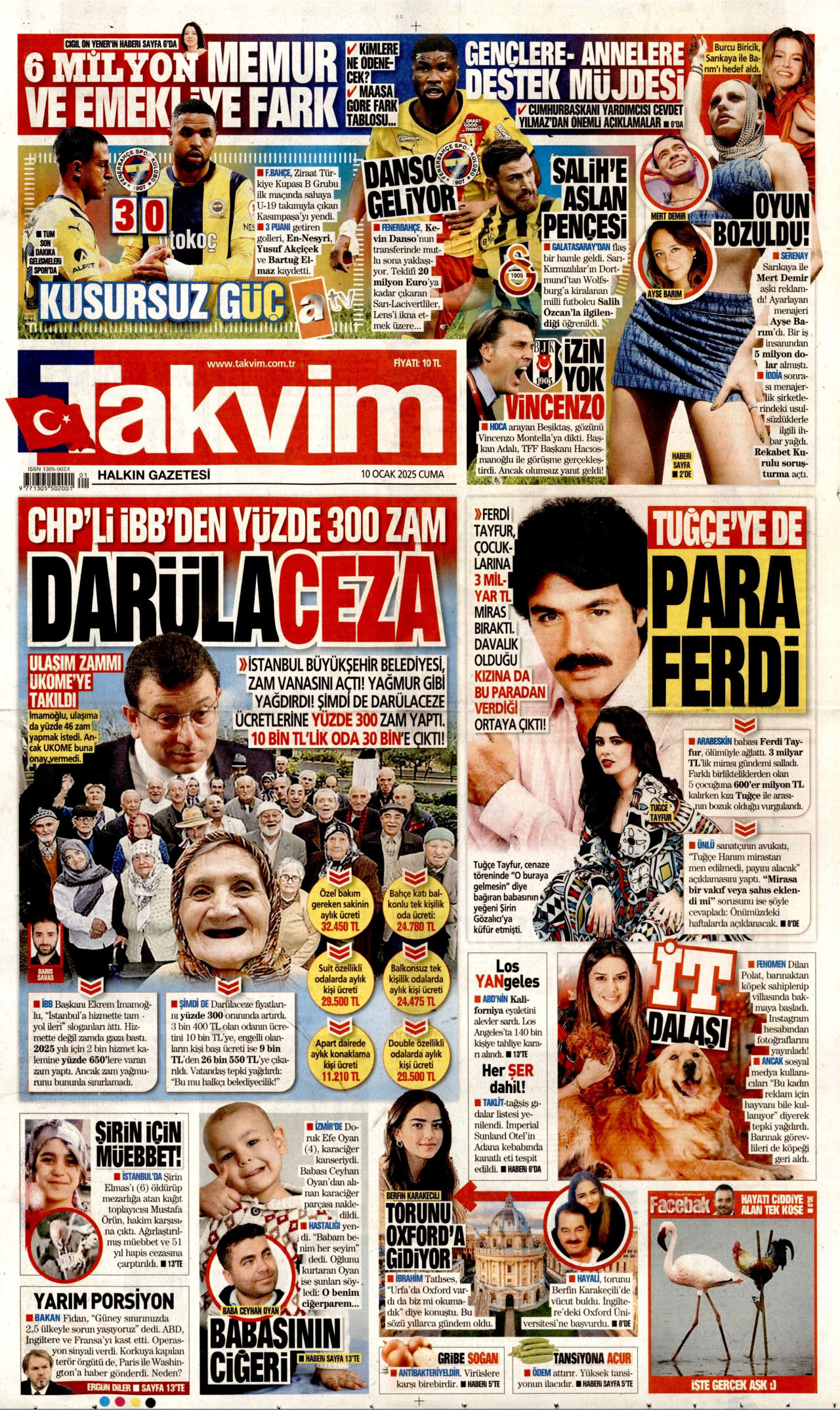 TAKVİM gazetesinin 10 Ocak 2025 tarihli birinci sayfası