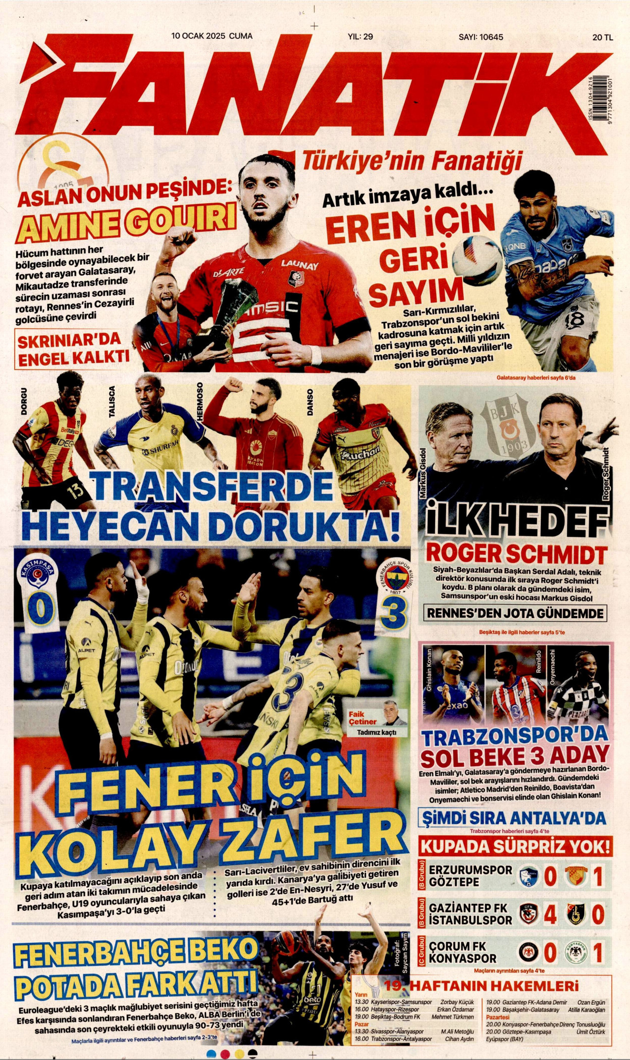 FANATİK gazetesinin 10 Ocak 2025 tarihli birinci sayfası