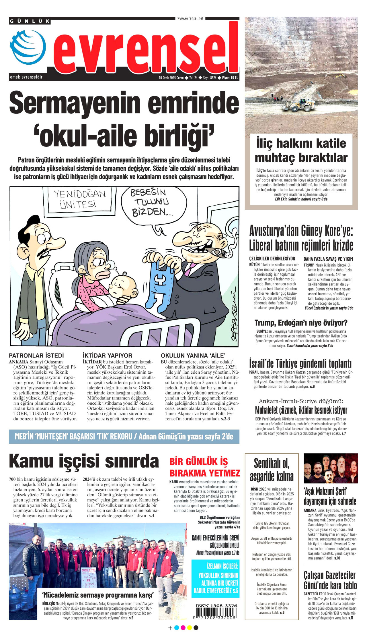 EVRENSEL gazetesinin 10 Ocak 2025 tarihli birinci sayfası